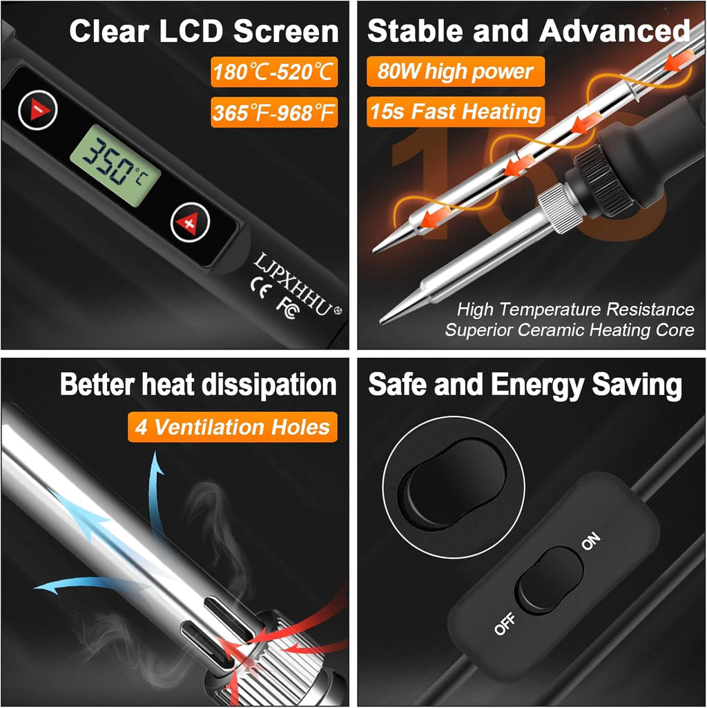 80W LCD Soldering Iron Kit Adjustable Temp 180-520℃ Precision Soldering Gun | 15s Fast Heating Electronics Soldering