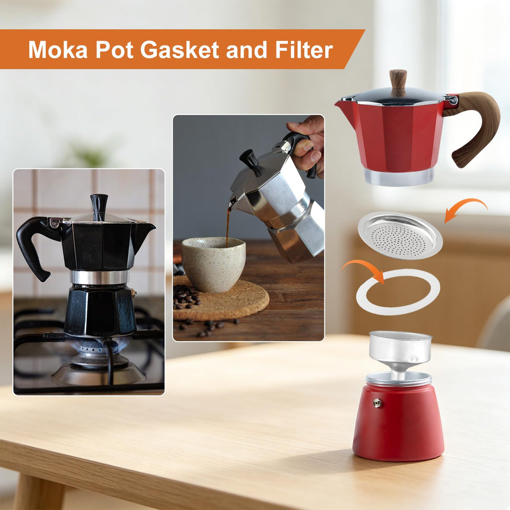 1 Filter And 3 Silicone Gasket Seals, Replacement Aluminum Filter For 2/3/6/9/12 Cup Espresso Coffee Maker(9 cup)