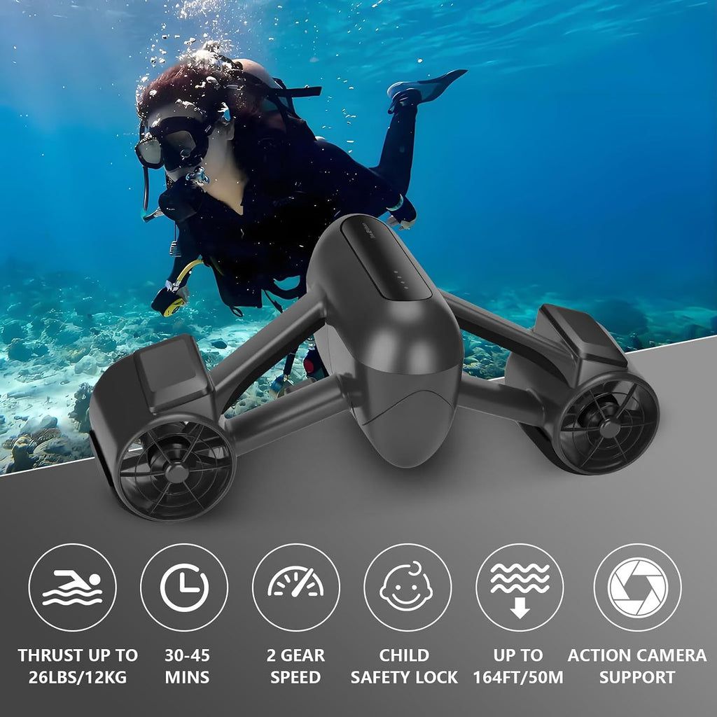 Underwater Scooter with Action Camera Mount, 45 Mins 26lbs Thrust 164ft Waterproof, Dual Motors Sea Scooter for Kids