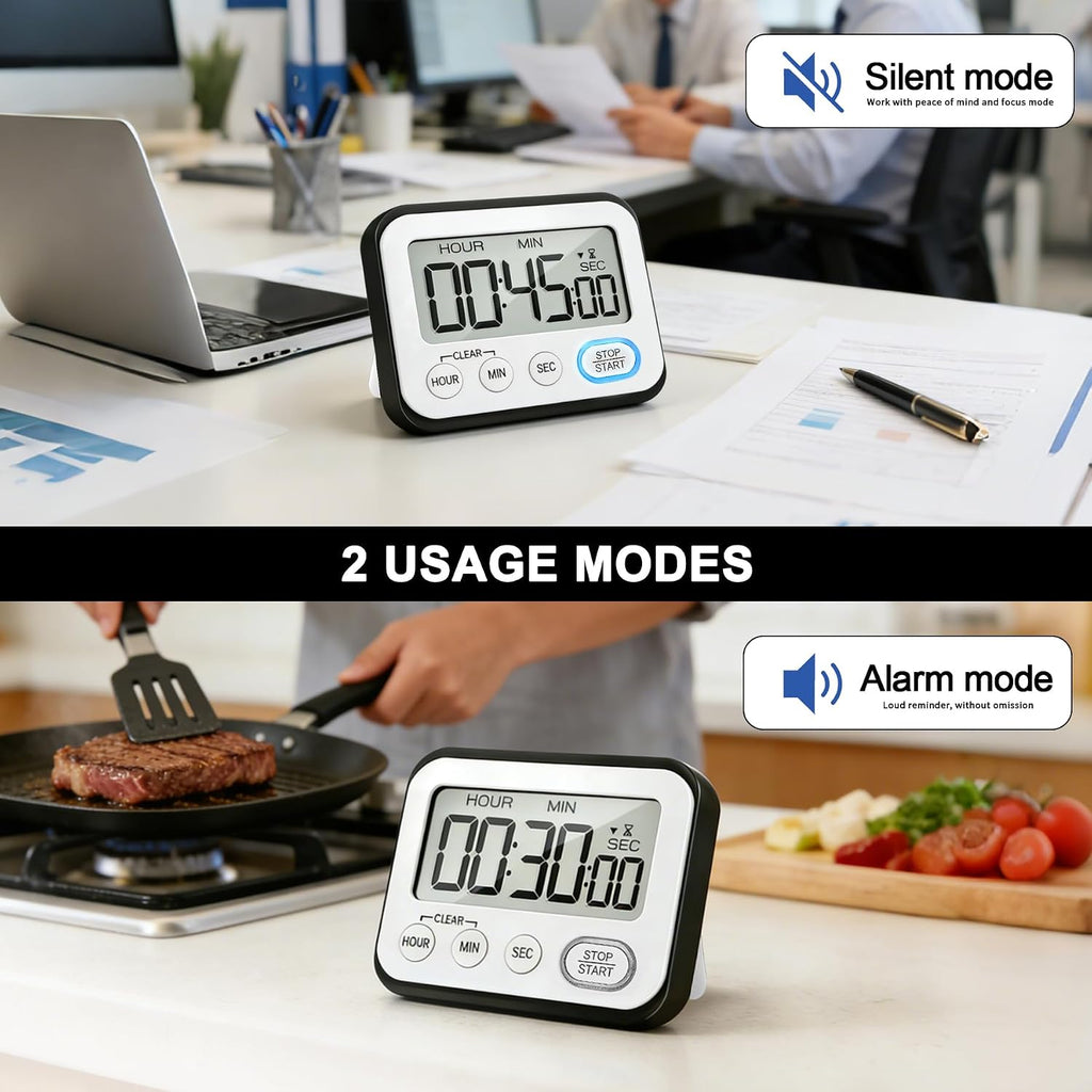 Digital Kitchen Timer Magnetic Loud Alarm, Large LCD Screen Silent/Beeping Multi-Function for Teachers Classroom