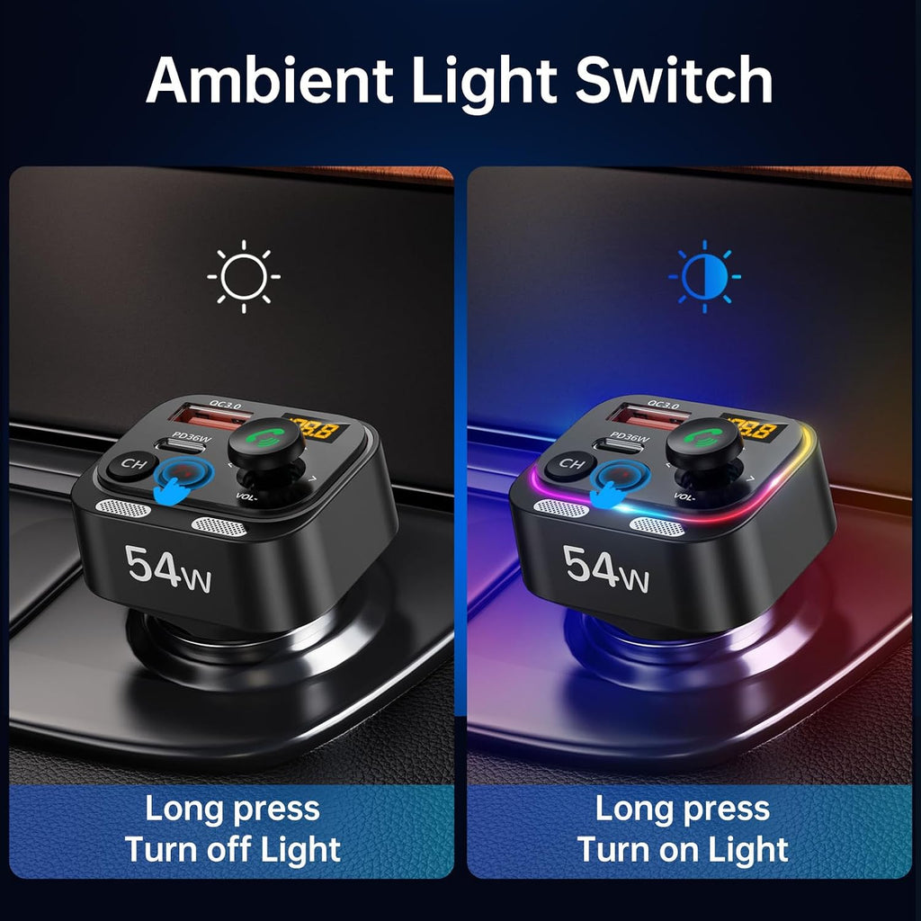 Bluetooth 5.4 FM Transmitter Car Adapter 54W with Light Switch | [Stronger Dual Mics] [HiFi Bass Sound] [Fast