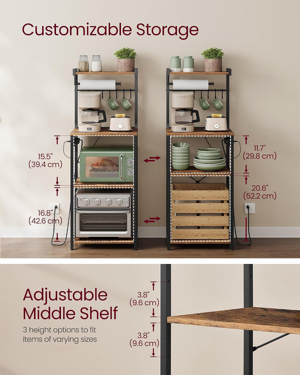 4-Tier Kitchen Bakers Rack with Power Outlet, 17.7-Inch Wide
