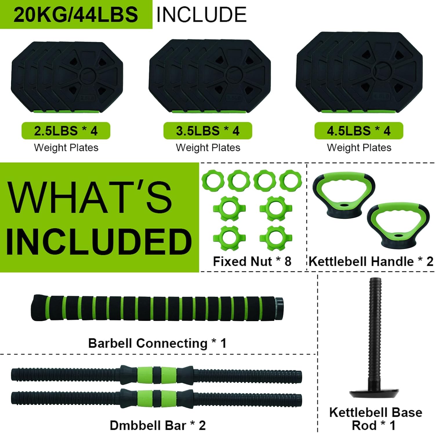 Adjustable Weight Set 66/88 Lbs, 4-in-1 Dumbbell Set and Barbell Weight Set for Home Gym, Converts to Kettlebell &