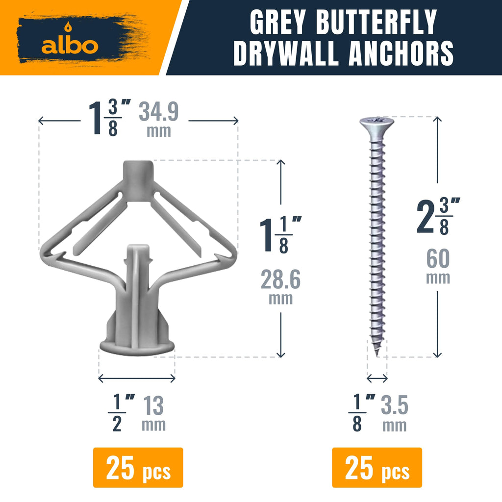 50 Pcs. Plastic Butterfly Drywall Anchors and Screws Kit, Gray