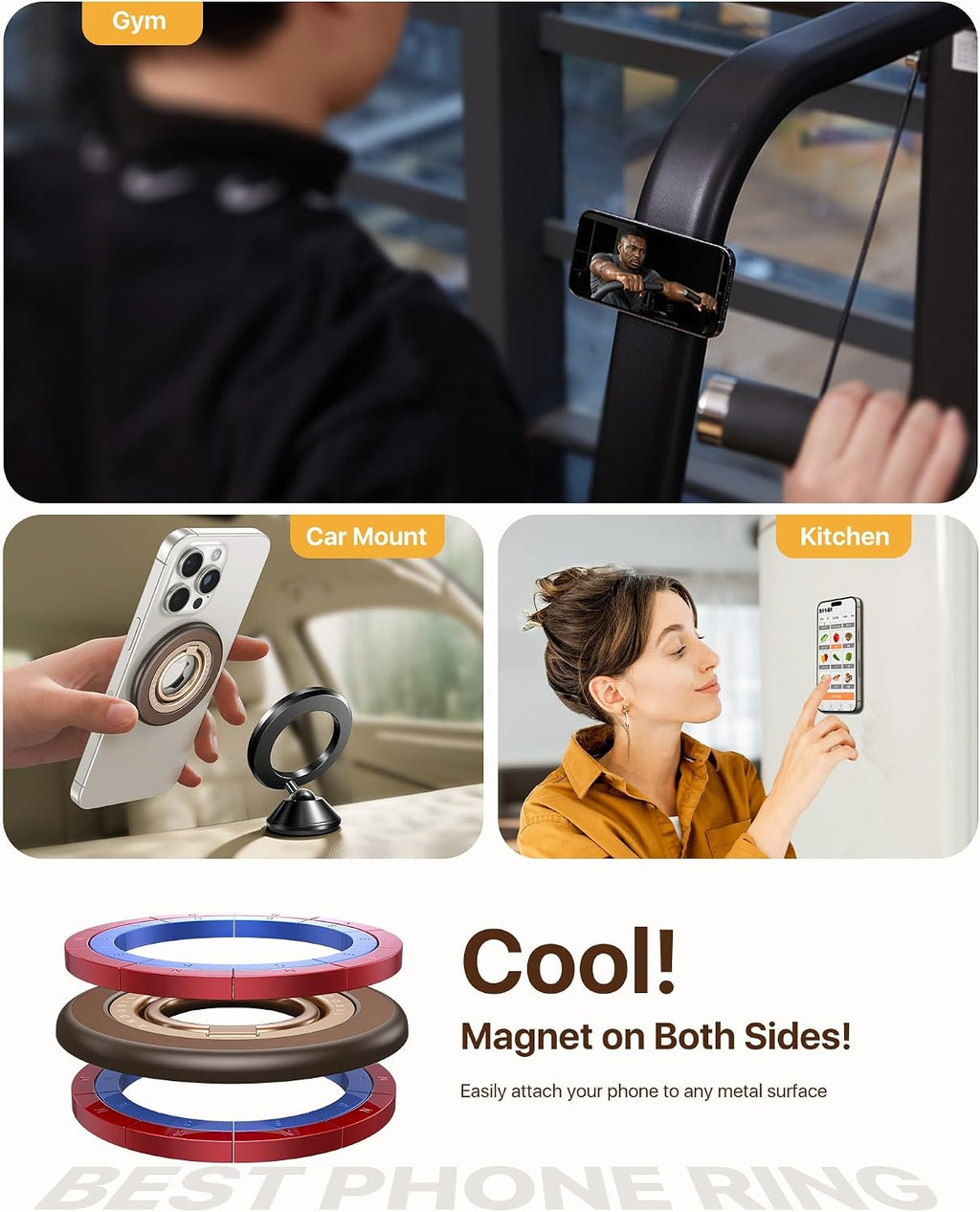 2026 3rd Gen Stability Magnetic Phone Ring Grip for MagSafe, Brown | Stronger 2-Sided Magnetic, 360° Rotation Cell