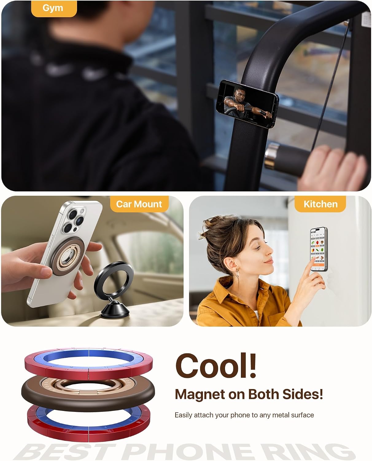 2026 3rd Gen Stability Magnetic Phone Ring Grip for MagSafe, Brown | Stronger 2-Sided Magnetic, 360° Rotation Cell