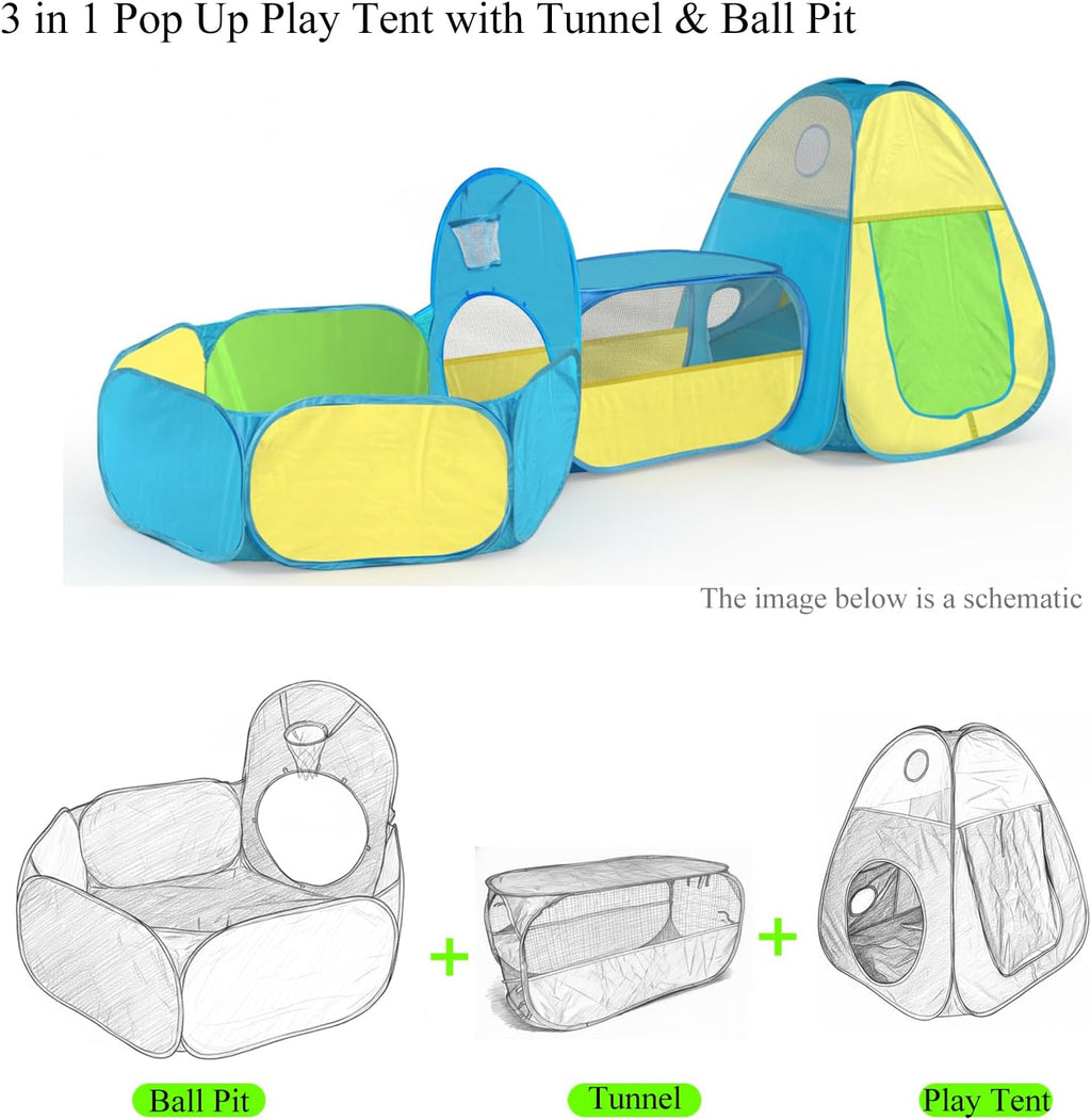 3 in 1 Kids Play Tent with Tunnel & Ball Pit,Pop Up Indoor/Outdoor Playhouse for Boys and Girls,Crawling Tunnel Toy