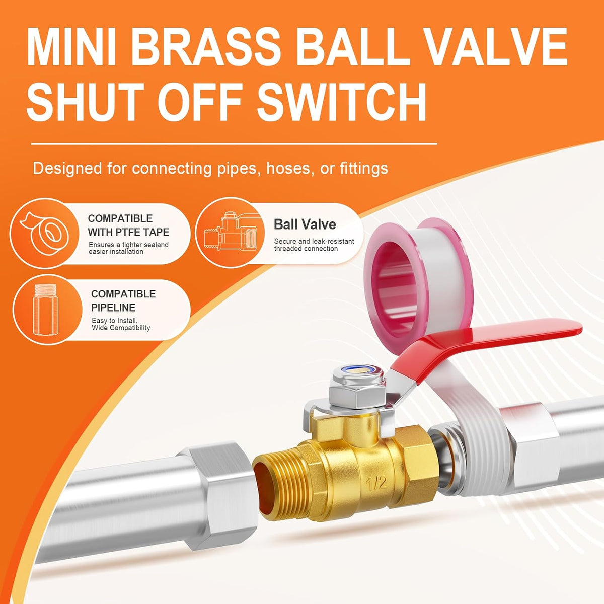 GASHER 1PCS 1/2 Inch Brass Mini Ball Valve, Shut Off Valve, 1/2 Inch Male x Female NPT Thread Pipe Fitting