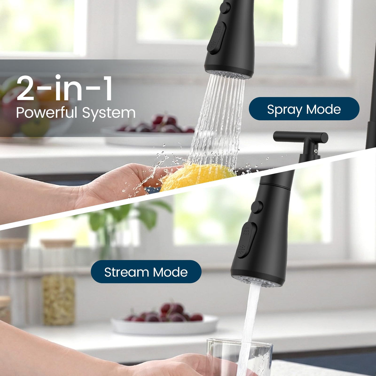 8" 2-Handle Pull Down Kitchen Faucet & Soap Dispenser Matte Black