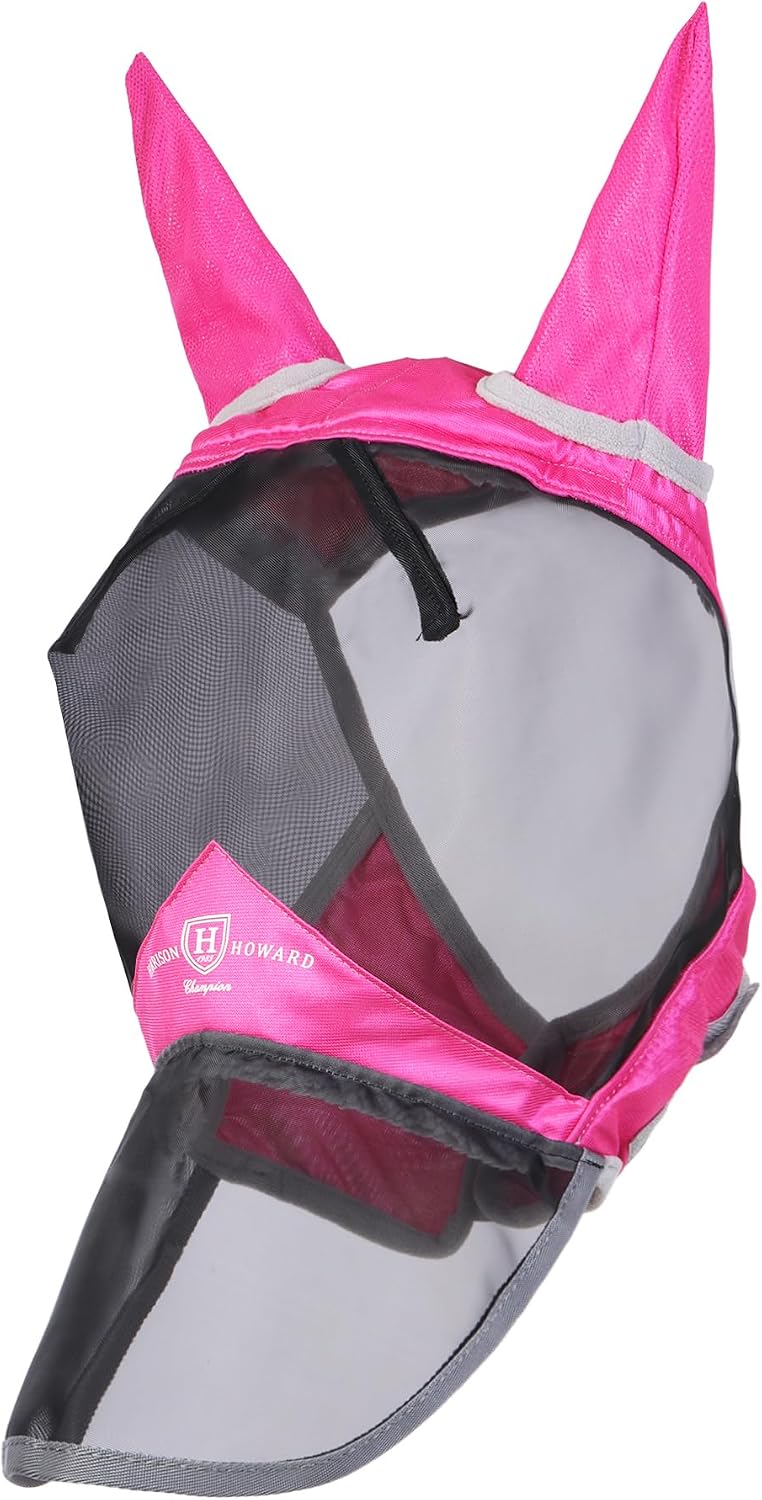 CareMaster Pro Luminous Horse Fly Mask Large Eye Space Long Nose with Ears UV Protection for Horse Flamingo (M; Cob)