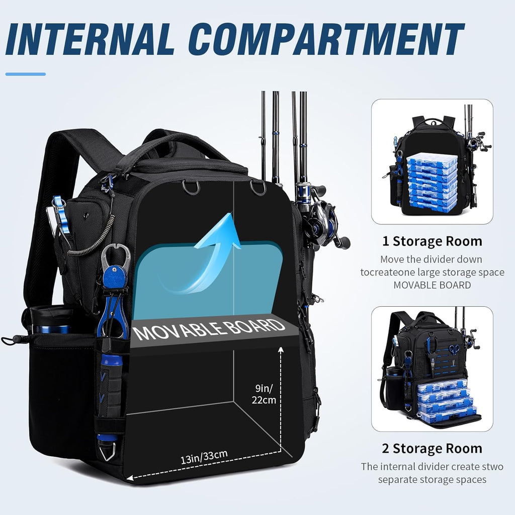 Fishing Tackle Backpack with Tackle Boxes, Two Rod Holders, Bottle Holder, 50L Waterproof Tackle Bag for Fishing