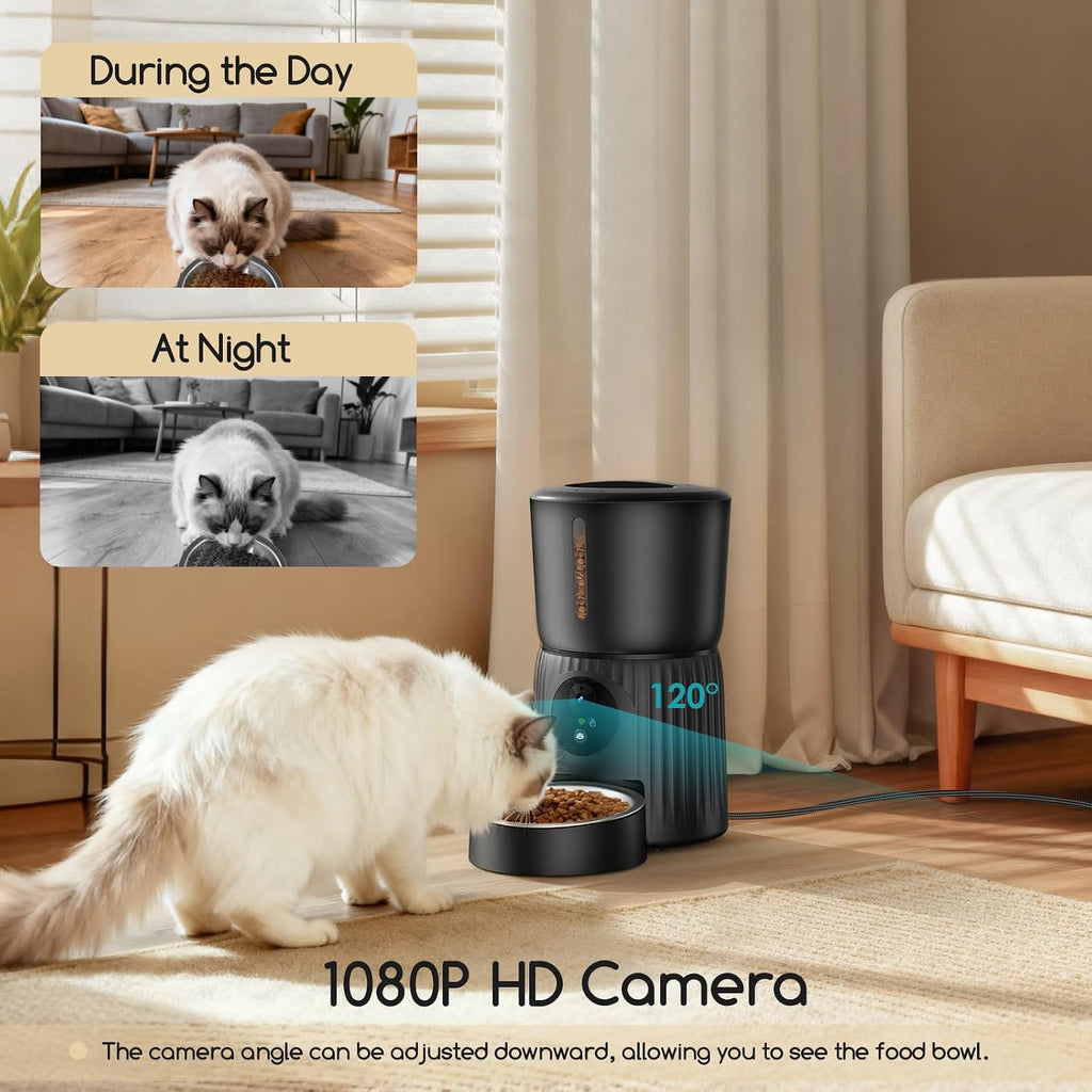 Automatic Cat Feeder with Camera, 1080P HD Video with Night Vision, 5G WiFi Automatic Dog Feeder with APP Control