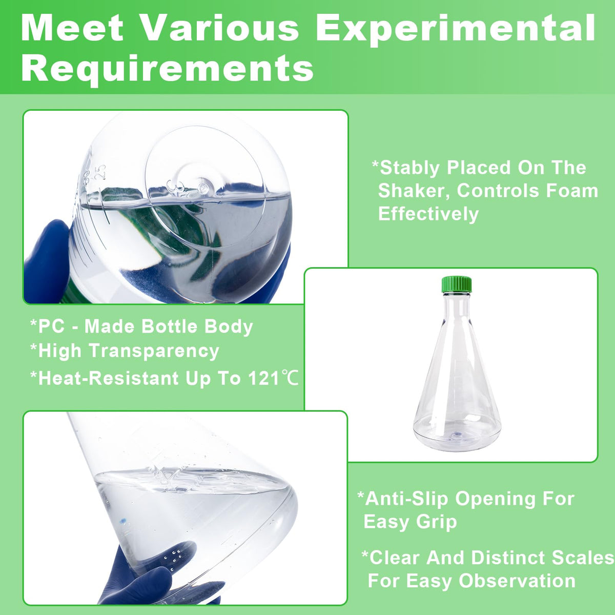 2000ml Erlenmeyer Flask, Sterile, Vent Cap, Flat Bottom, PC, 6Pcs