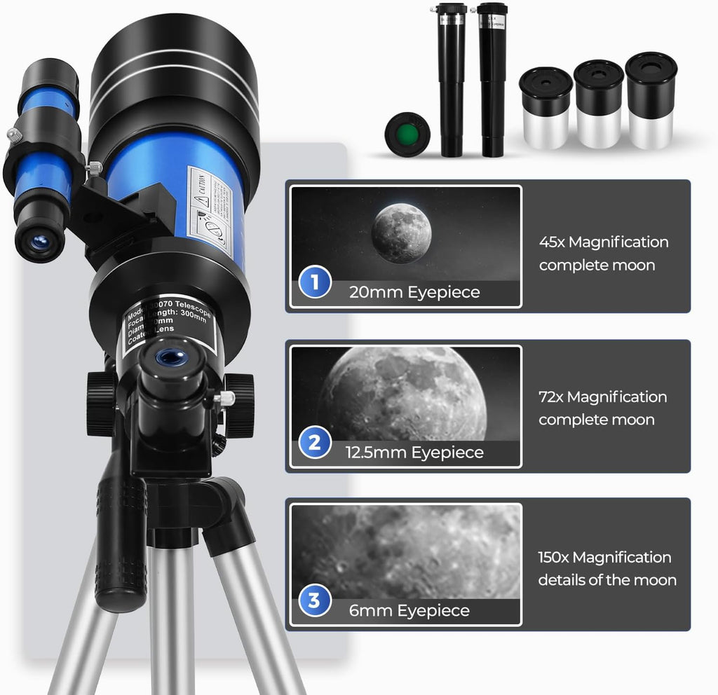 Telescope for Kids & Beginners, 70mm Aperture Portable Telescopes with 3 Eyepieces, Height Adjustable Tripod & Phone