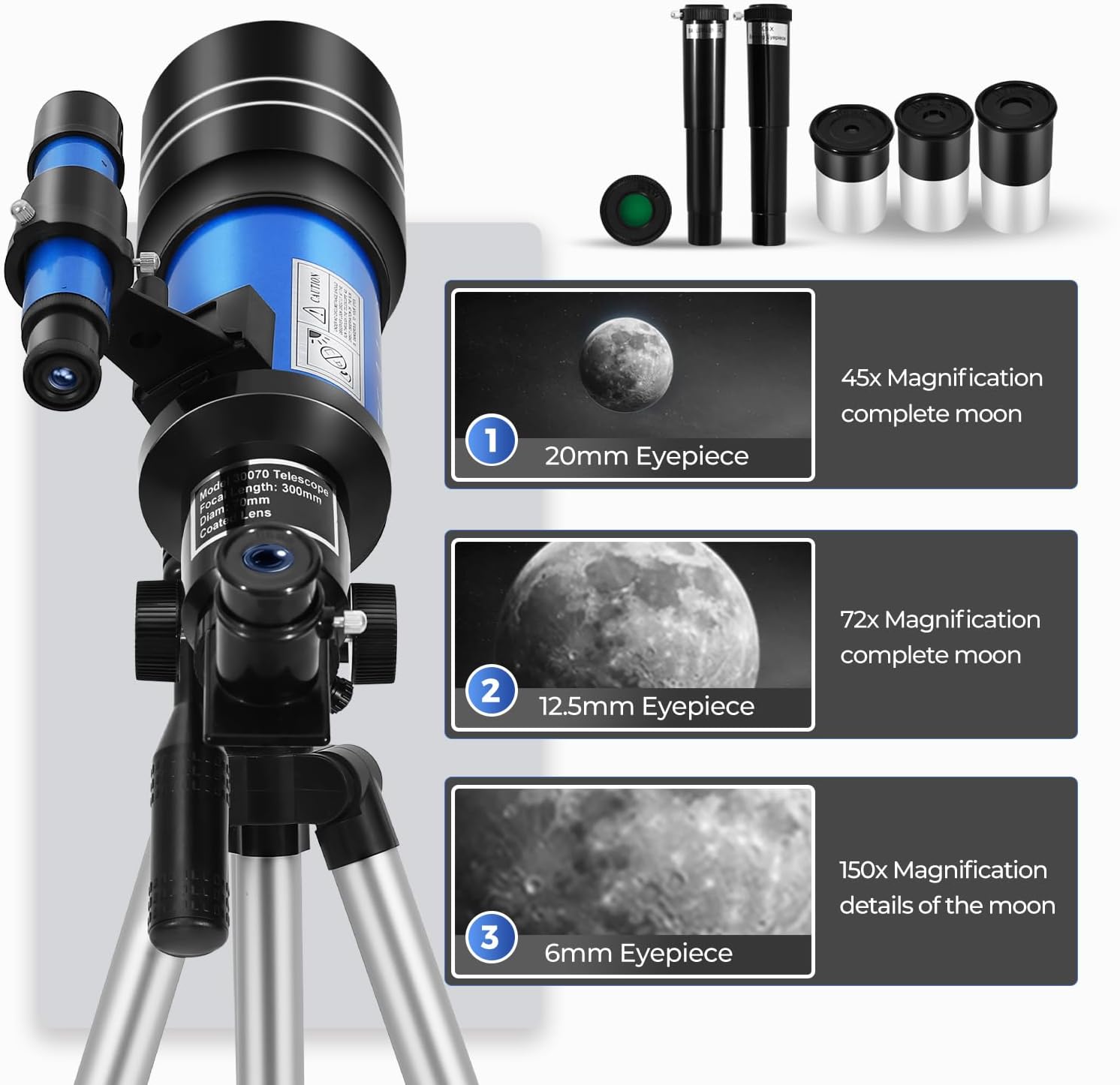 Telescope for Kids & Beginners, 70mm Aperture Portable Telescopes with 3 Eyepieces, Height Adjustable Tripod & Phone