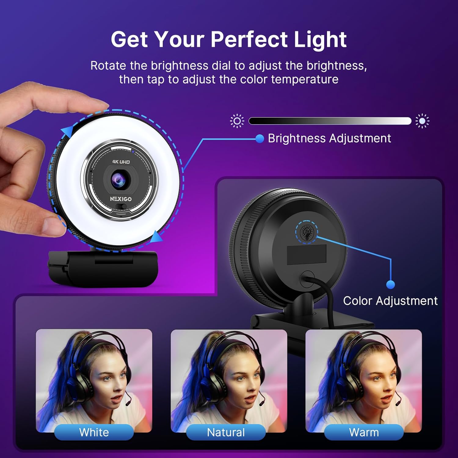 N680E Pro 4K Webcam with Ring Light, PDAF Autofocus, 1080p 60FPS, Dual Noise-Canceling Mics, Privacy Shutter, USB