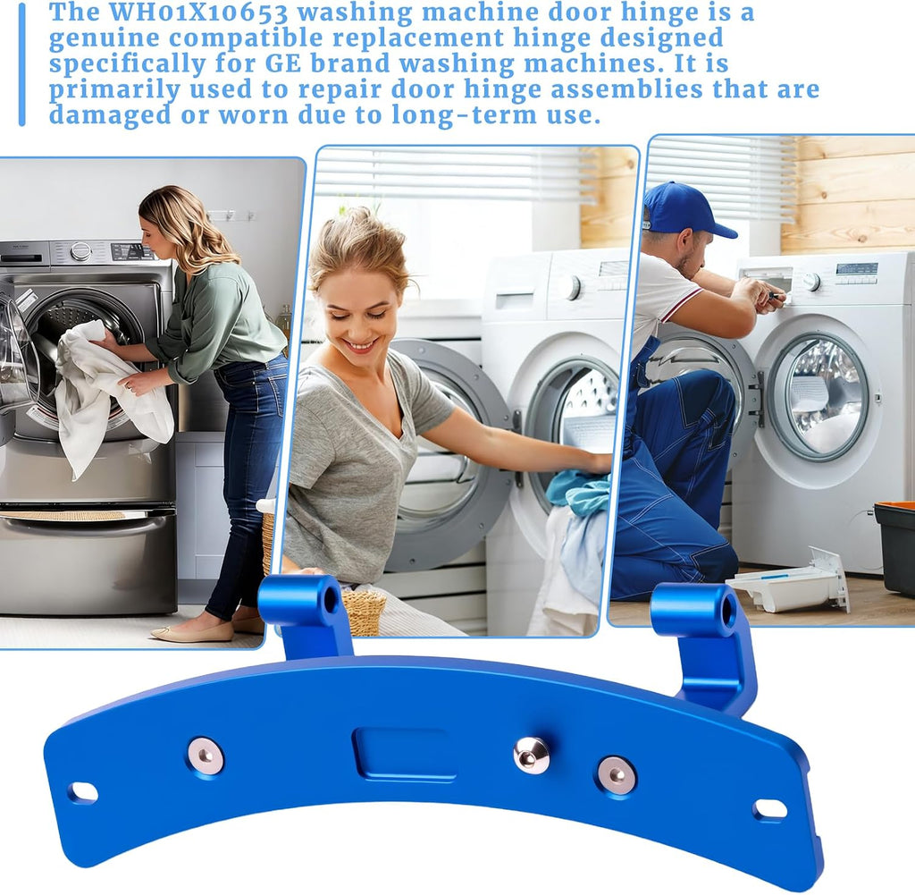 Washer Door Hinges Replacement Fit for GE Front Load Washing Machine Dryer Door Hinge Mount Part Number WH01X10653 Repair Door Sinking Unusual Noise Closing Seal Issue Solid Aluminum Blue