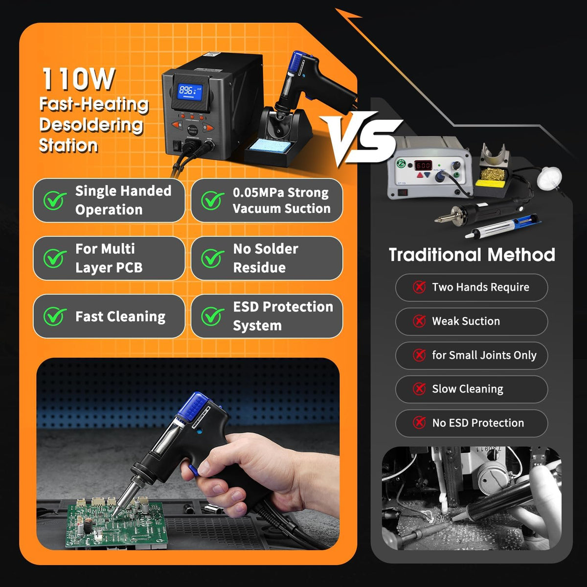 110W 2-IN-1 Desoldering Station, PID Temperature, Sleep Mode, ESD-safe