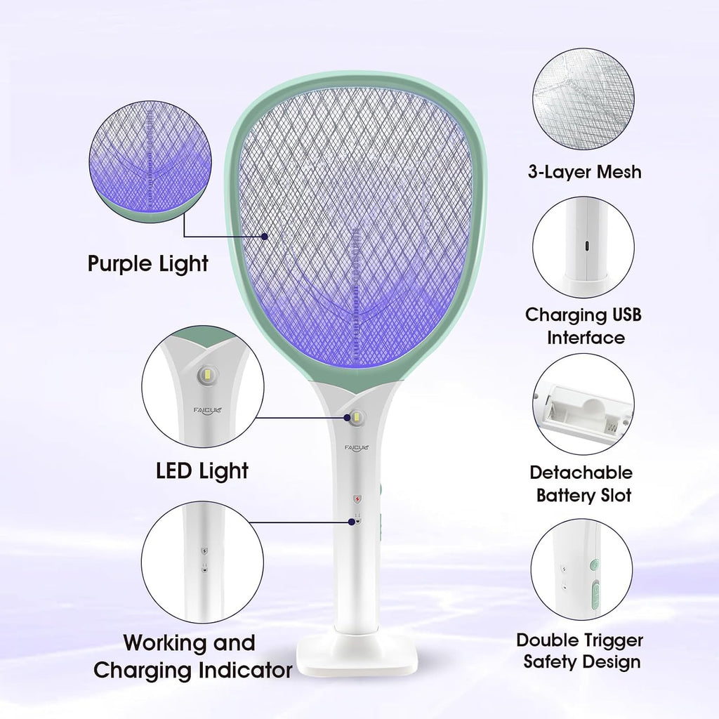 Rechargeable Handheld Bug Zapper Racket 2 in 1 Electric Fly Swatter (2 in 1 Green)