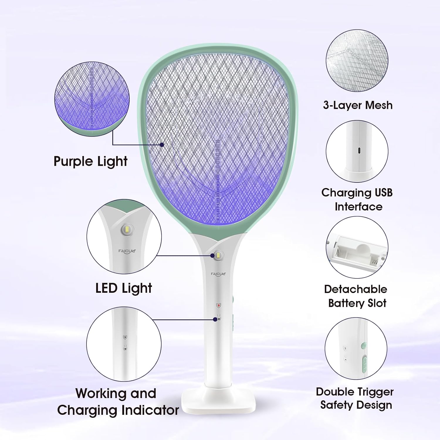 Rechargeable Handheld Bug Zapper Racket 2 in 1 Electric Fly Swatter (2 in 1 Green)