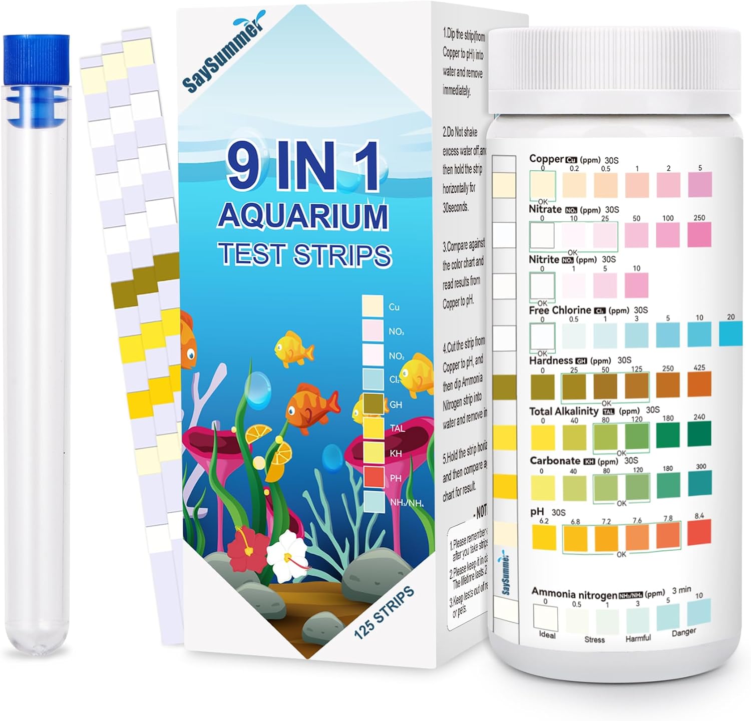 Aquarium Test Strips for Fish Tank: 9 in 1 Aquarium Ammonia Test Strips for Fish Tank - 125 Counts Aquarium Water