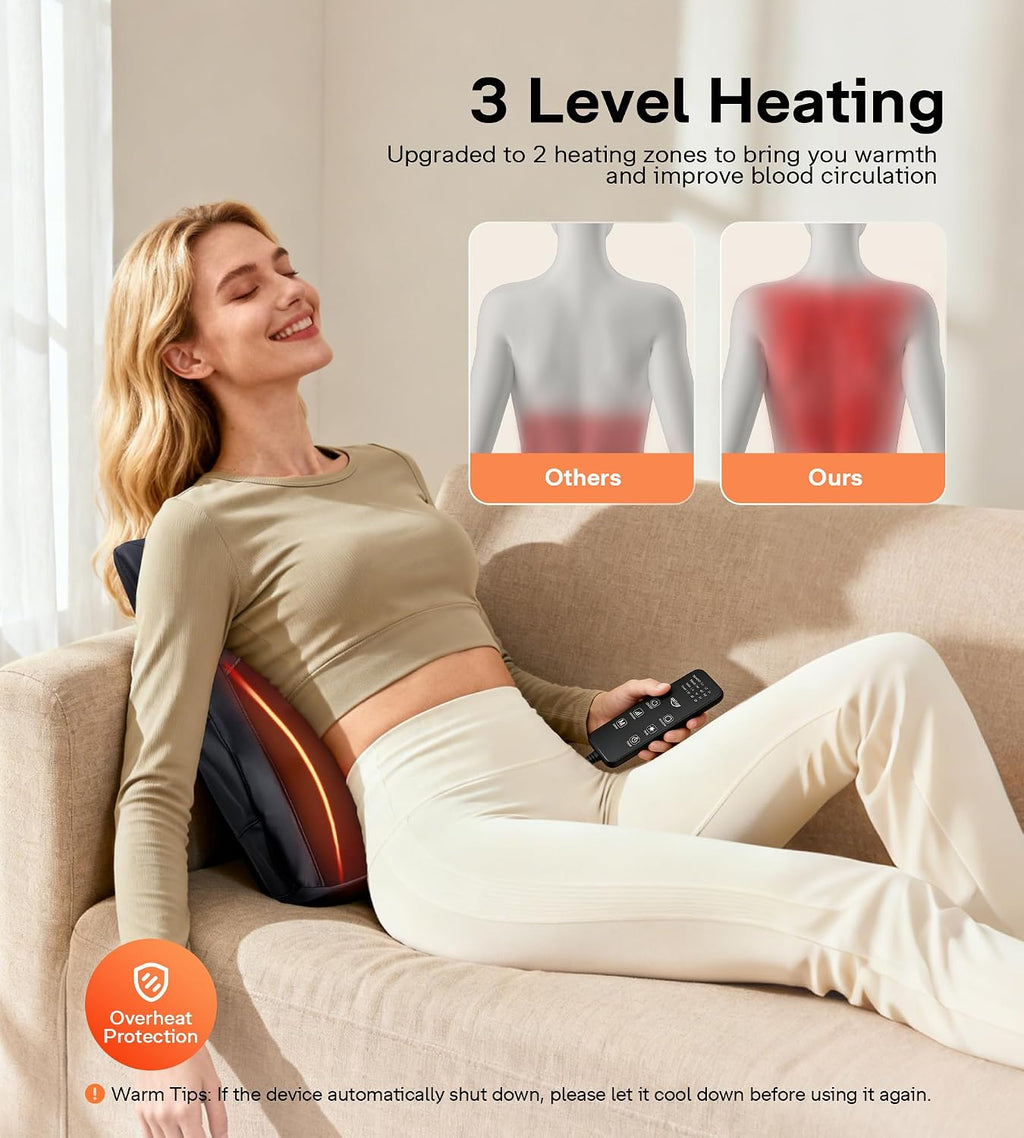 Heated Back Massager for Back Pain Relief, Deep Tissue Shiatsu Lumbar Support Pillow with 3 Massage Modes, 3