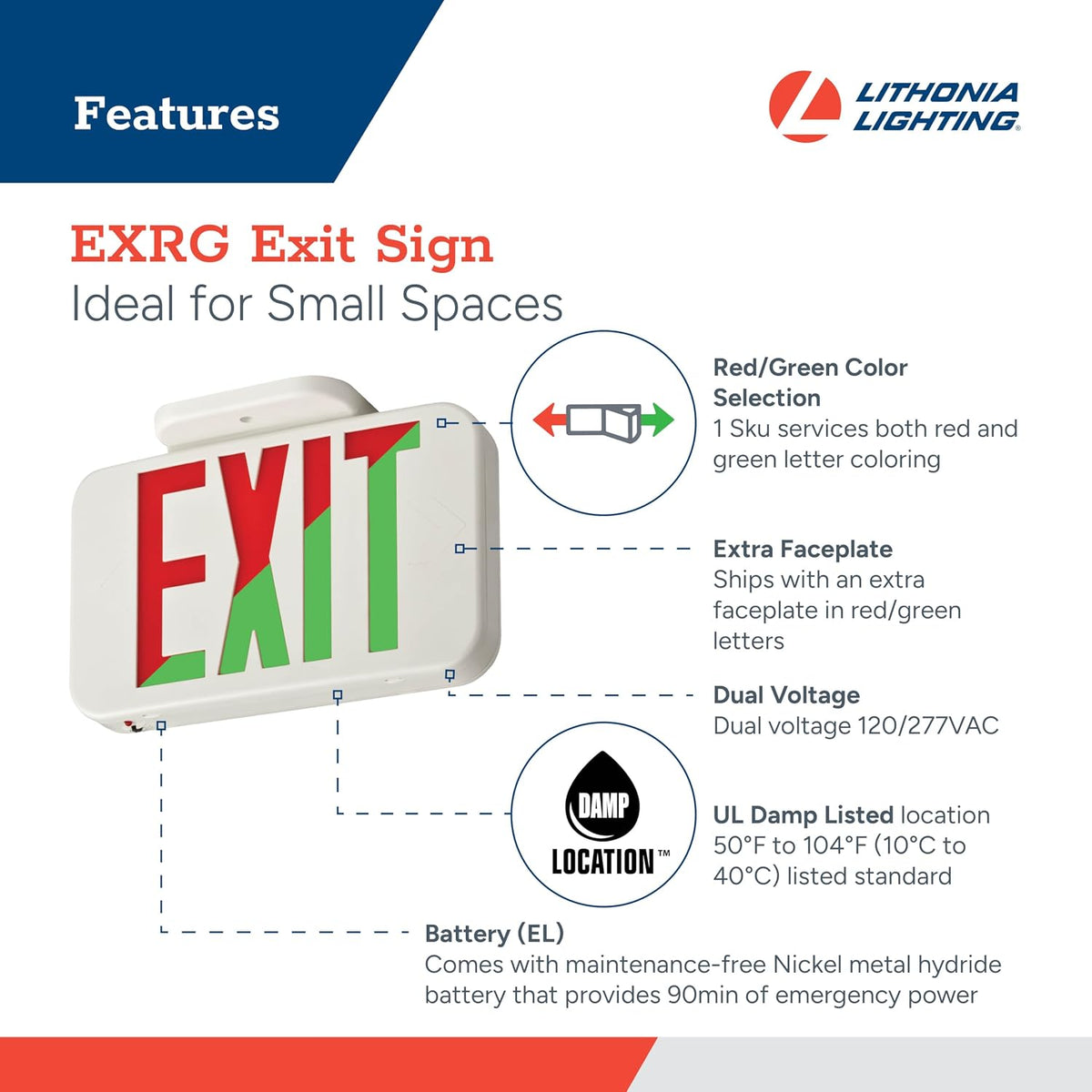 Single-Sided LED Exit Sign, Switchable Red Green, White