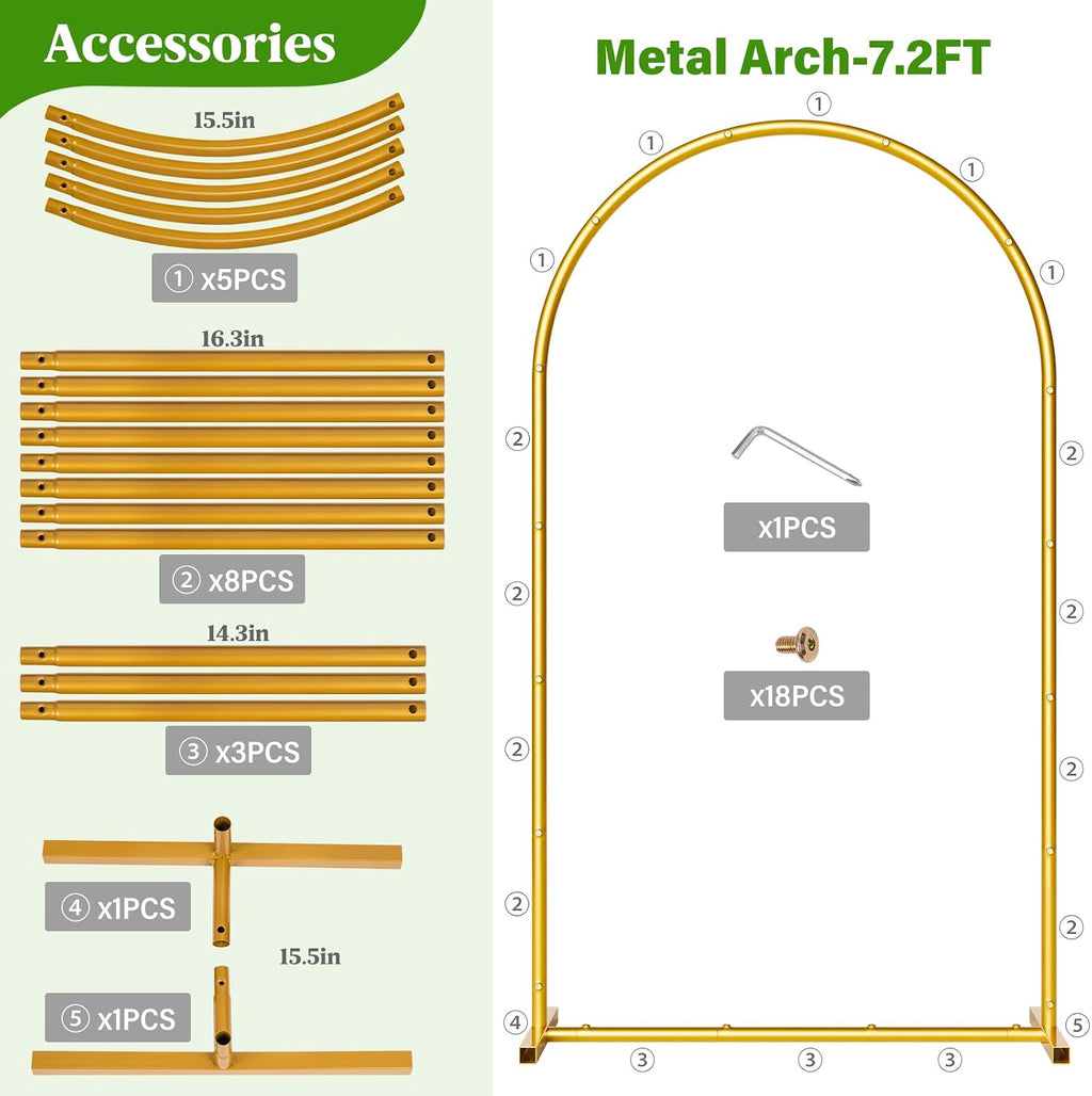 7.2FT Metal Wedding Arch Backdrop Stand,Stable Balloon Arch Frame,Gold