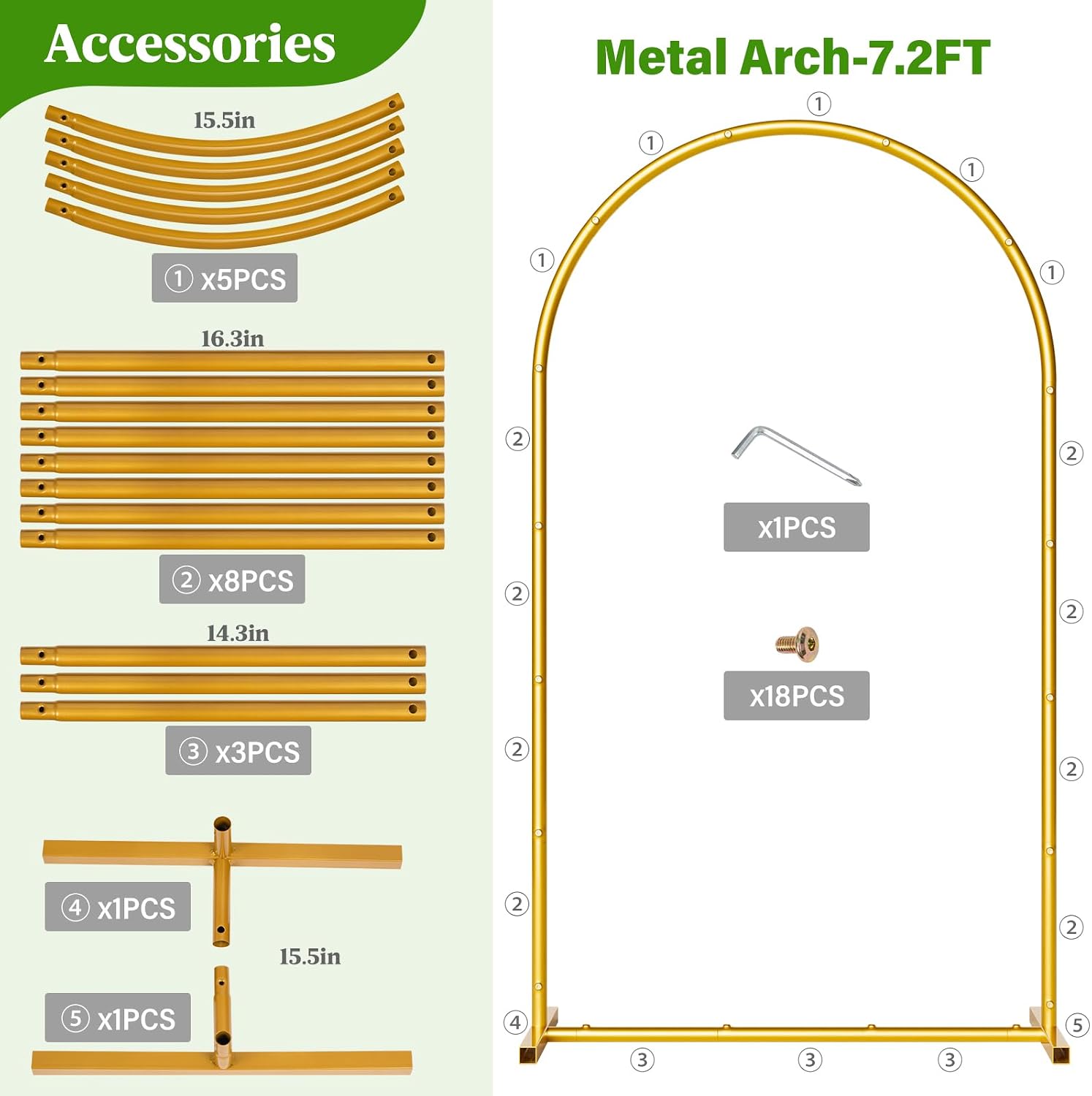 7.2FT Metal Wedding Arch Backdrop Stand,Stable Balloon Arch Frame,Gold