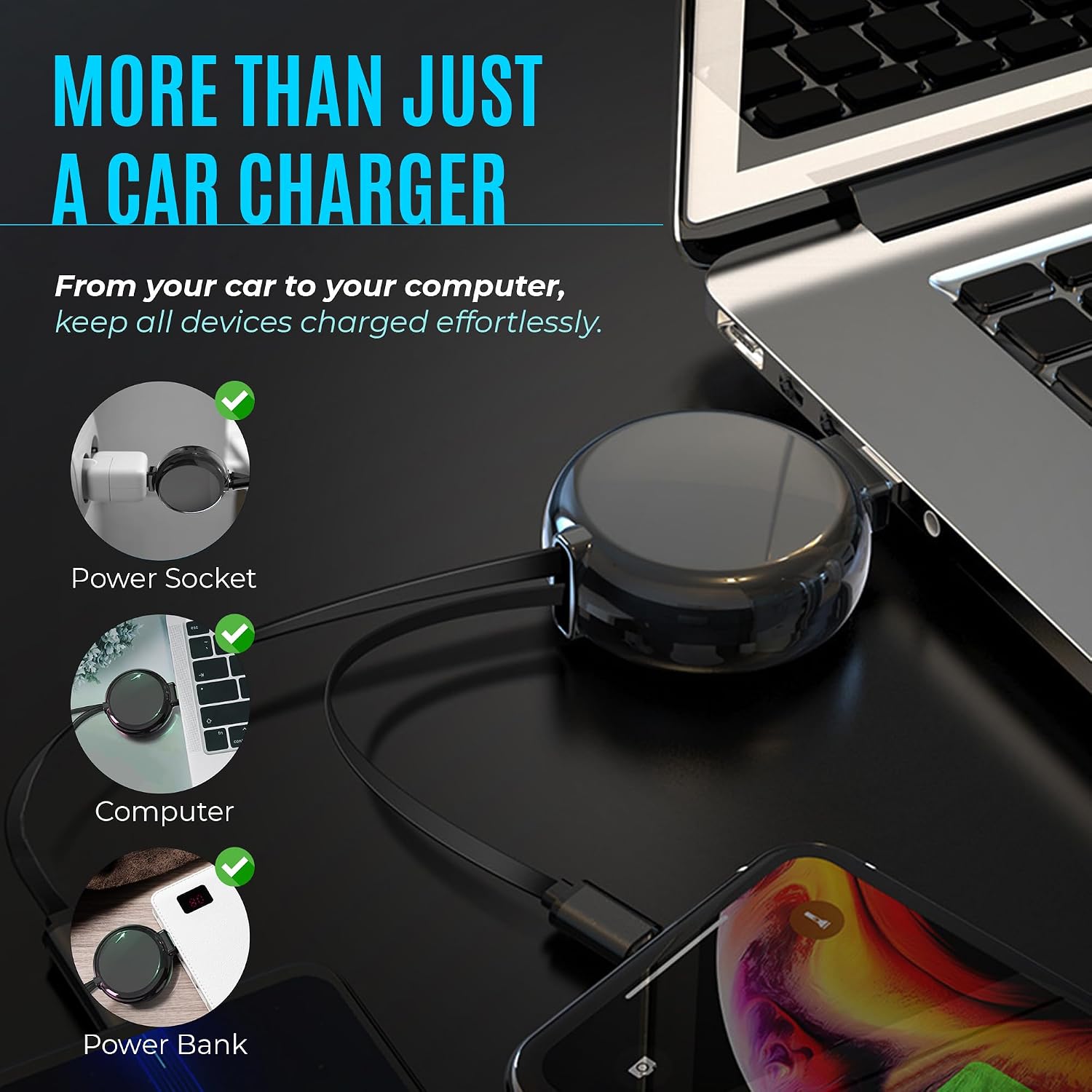 2-in-1 Retractable Charger for Car iPhone and Android, Wall Outlet or PC | Modern Car Charger Retractable Cord | 15W
