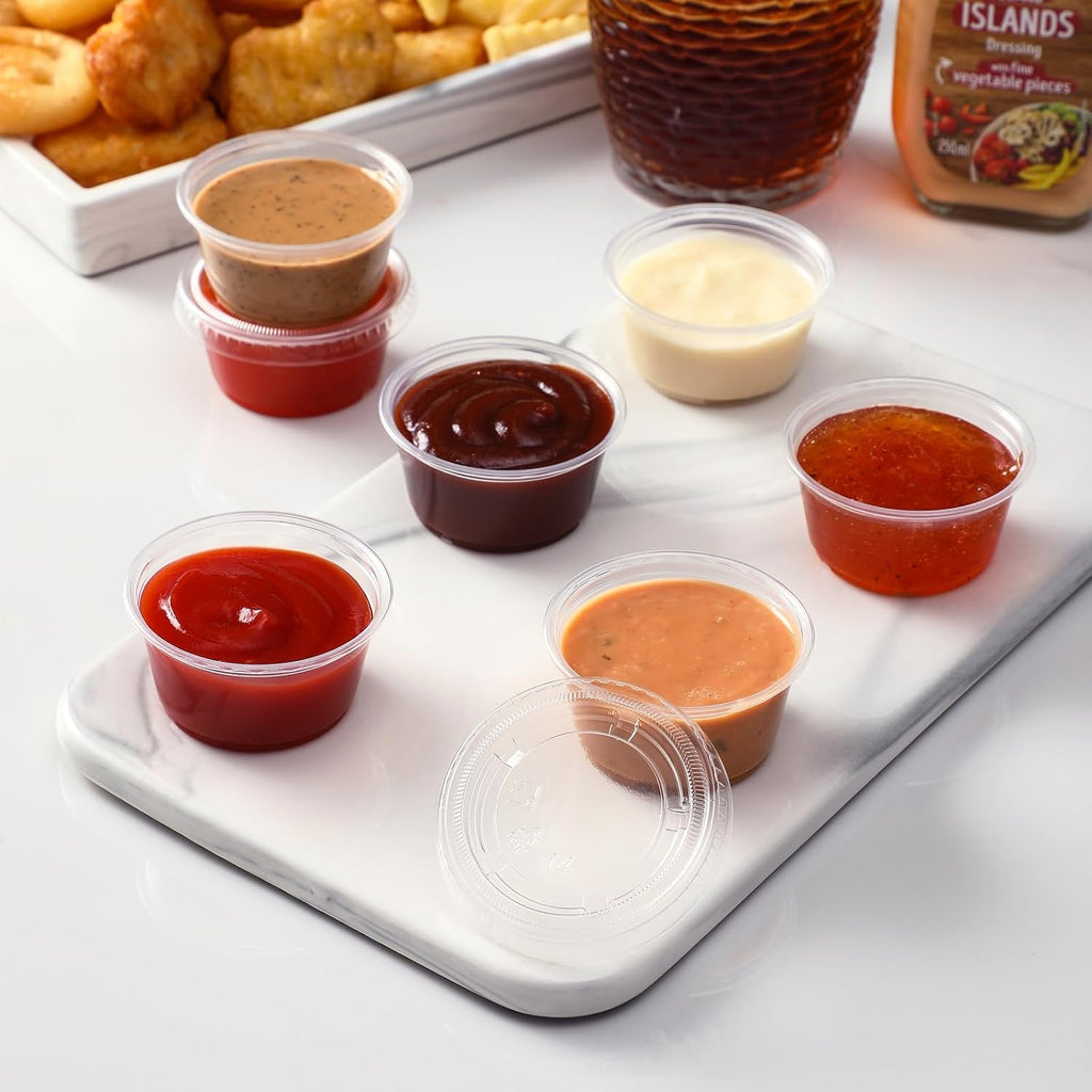 400 Set 2 oz Jello Shot Cups with Lids, Stackable Food Safe Disposable Plastic Portion Condiment Dipping Sauce Cups