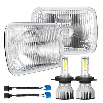 7X6 Inch H6054 Glass Square Headlight Housing + H4/9003 High Low Beam Bulbs for Cars,Truck and Van,Halogen Sealed