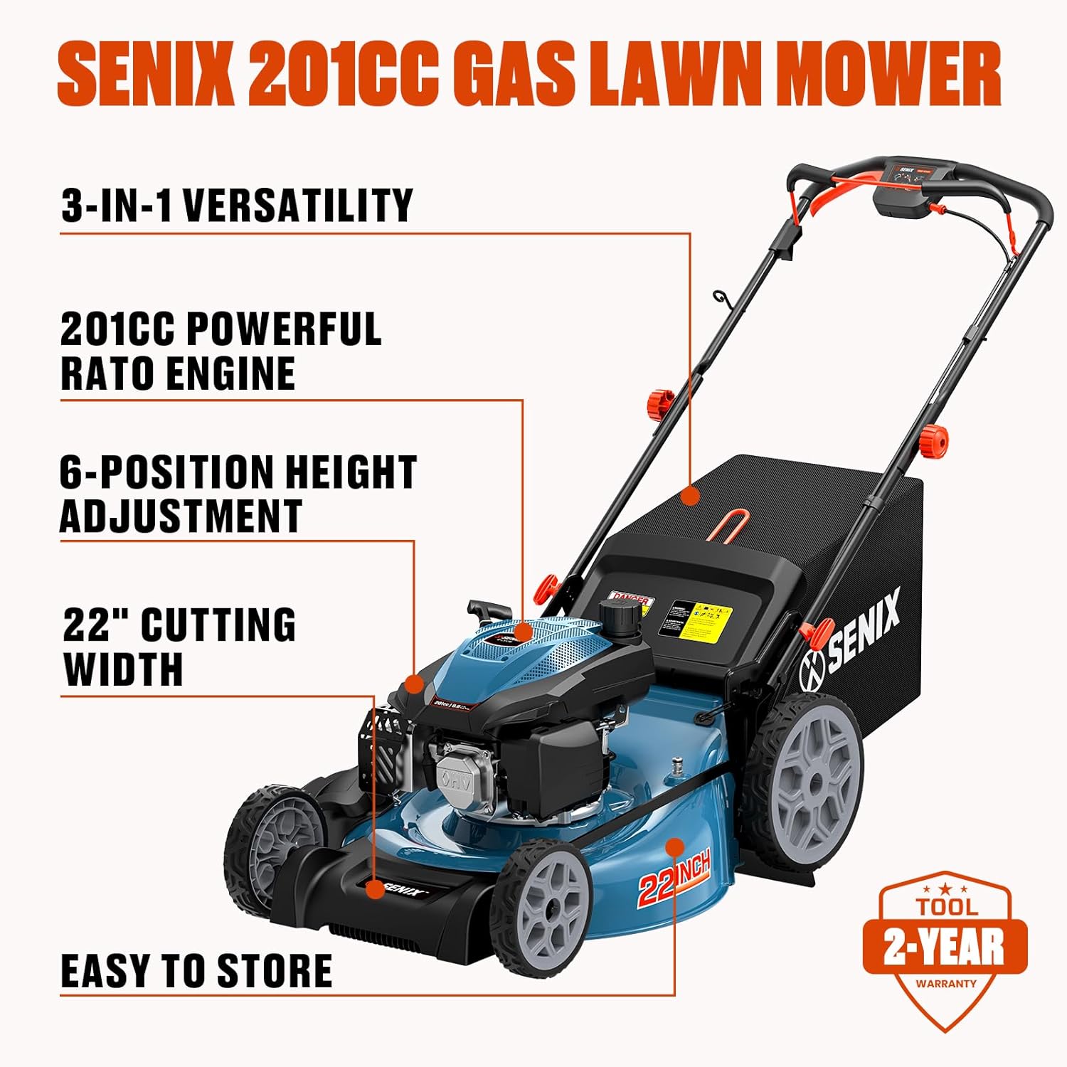 22" 201cc Variable Speed Rear Wheel Self Propelled Gas Lawn Mower | 4-Cycle OHV Engine, 3-in-1 Mower with Bagging