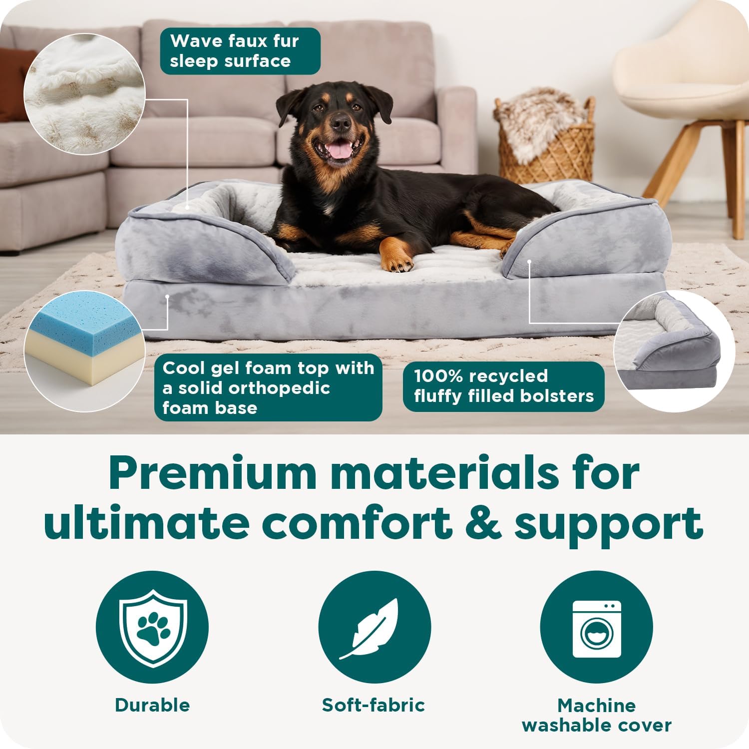 Cooling Gel Dog Bed for Large Dogs, Perfect Comfort Sofa Bed with Cool Gel-Top Foam with a Solid Orthopedic Foam Base