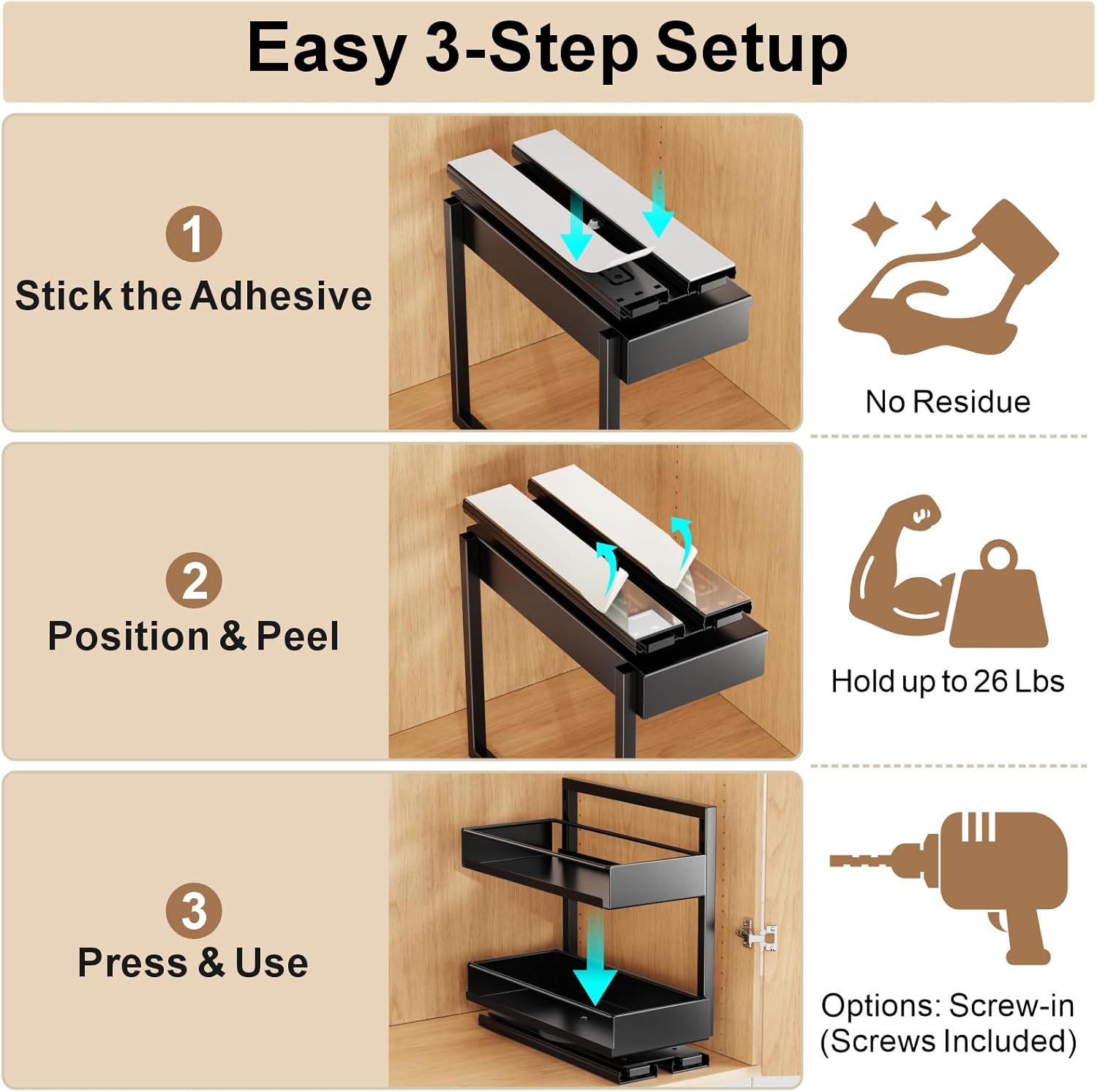 Pull Out Spice Rack - 2 Pack Rotate Peel and Stick No-Drill Vertical Spice Rack Organizer for Cabinet Easy Access