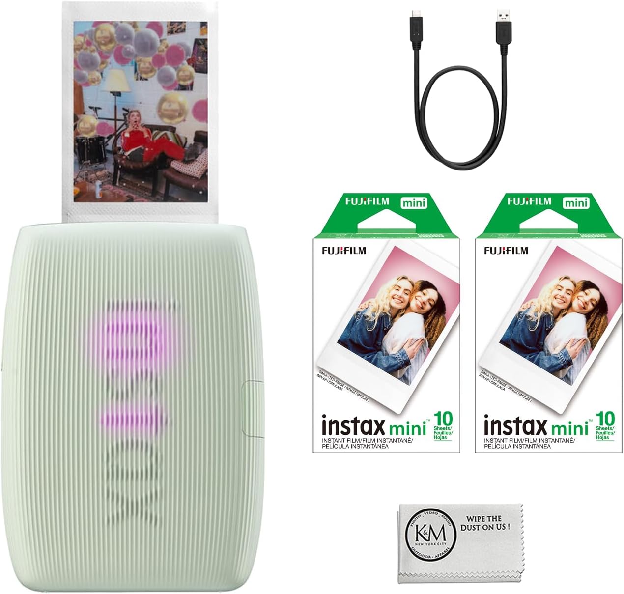 INSTAX Mini Link 3 Smartphone Printer | Sage Green Bundled INSTAX Mini Instant Film | 20 Exposures + Microfiber