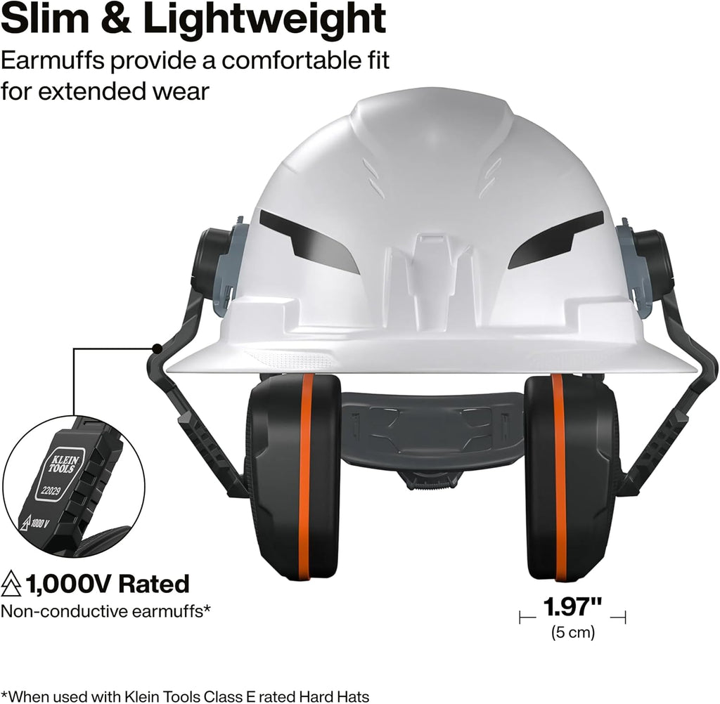 KLEIN TOOLS 22029 Non-Conductive Hard Hat Earmuffs, Up to 27dB NRR, Hearing Protection Earmuffs Compatible with Full