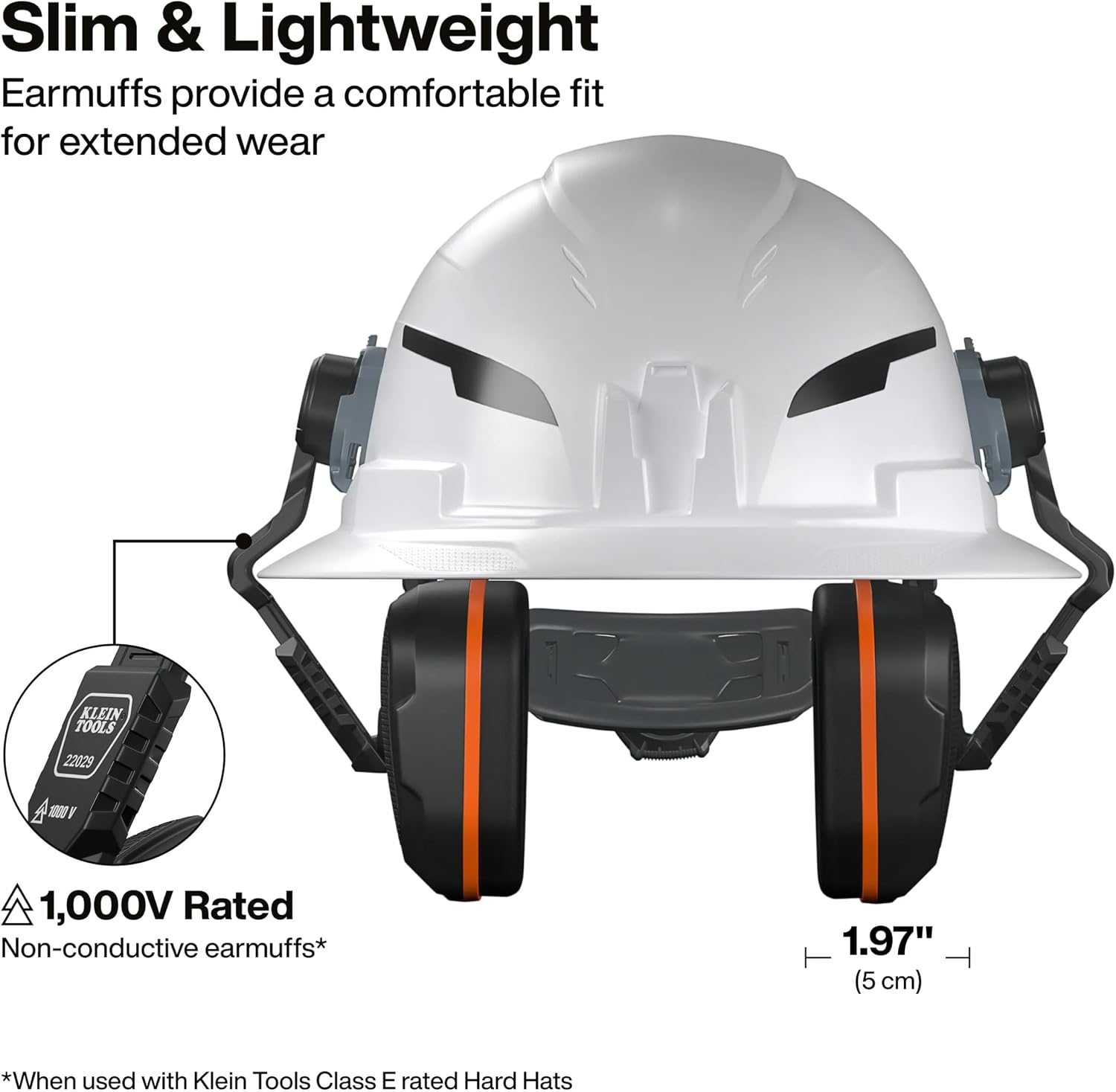 KLEIN TOOLS 22029 Non-Conductive Hard Hat Earmuffs, Up to 27dB NRR, Hearing Protection Earmuffs Compatible with Full