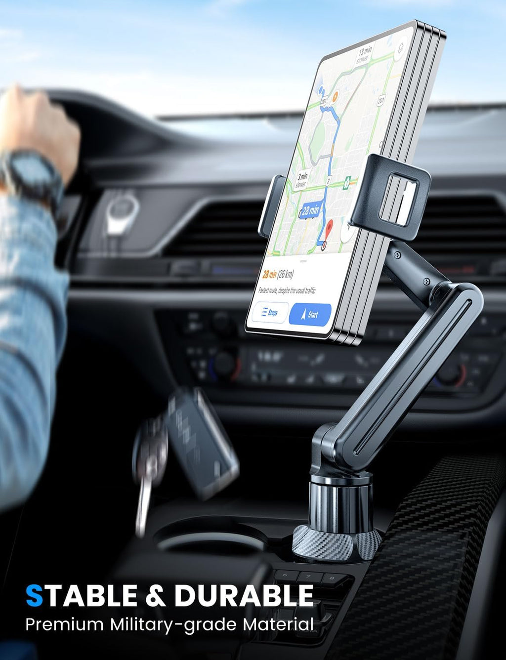 Tablet Holder for Car, for iPad Stand Cup Holder Car Mount with 1.57" Depth Large Clamp 15" Height Adjustable Tab