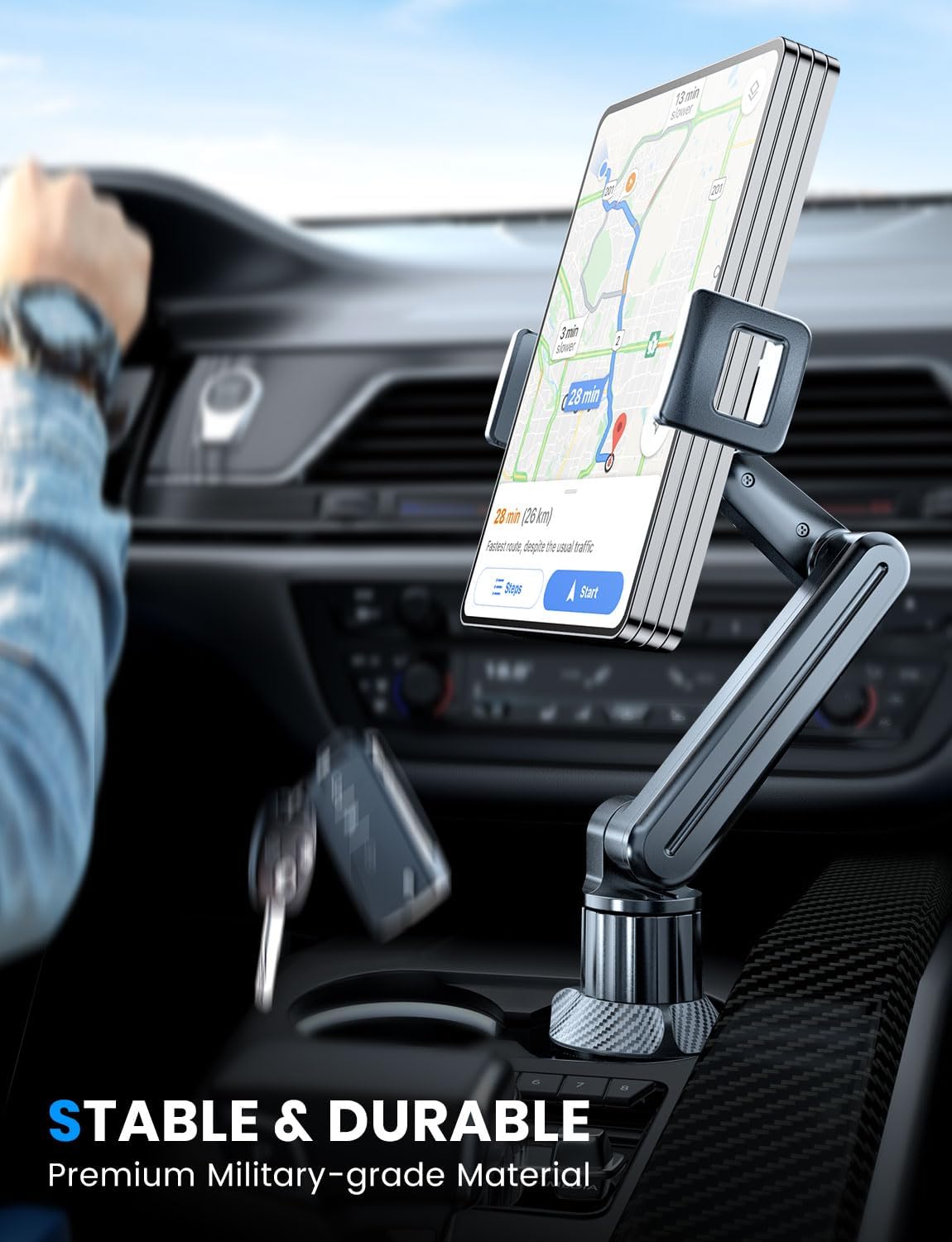 Tablet Holder for Car, for iPad Stand Cup Holder Car Mount with 1.57" Depth Large Clamp 15" Height Adjustable Tab