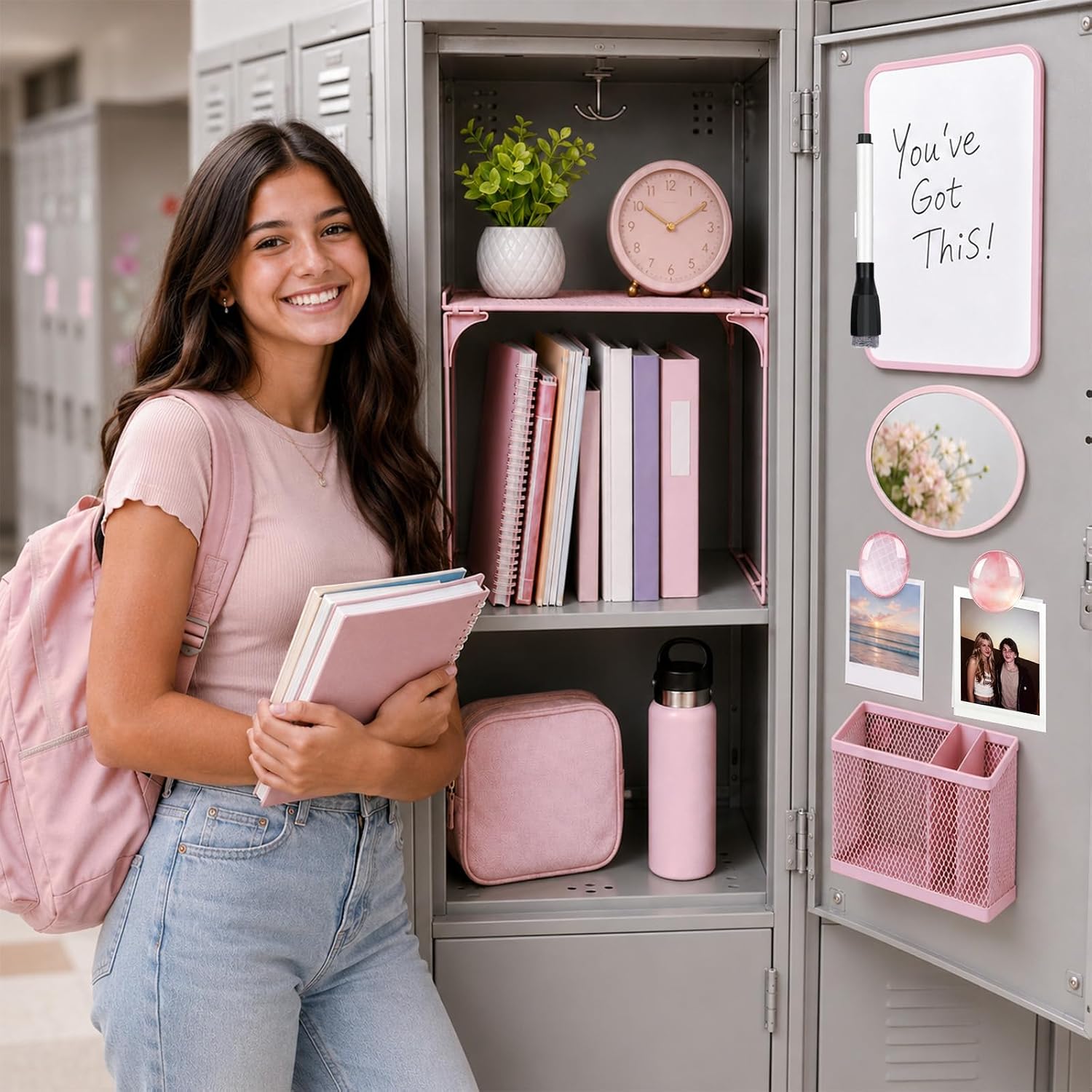Pink Locker Accessories for Girls 11 Pcs Back to School Locker Decoration Supplies with Shelf Magnetic Mirror