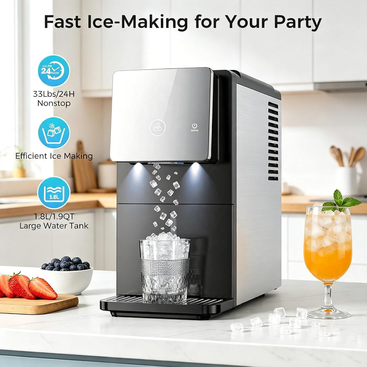 Nugget Countertop Ice Maker, Automatic Ice Dispenser, 33 lbs/Day Chewable Pellet Ice Machine with Self-Cleaning &