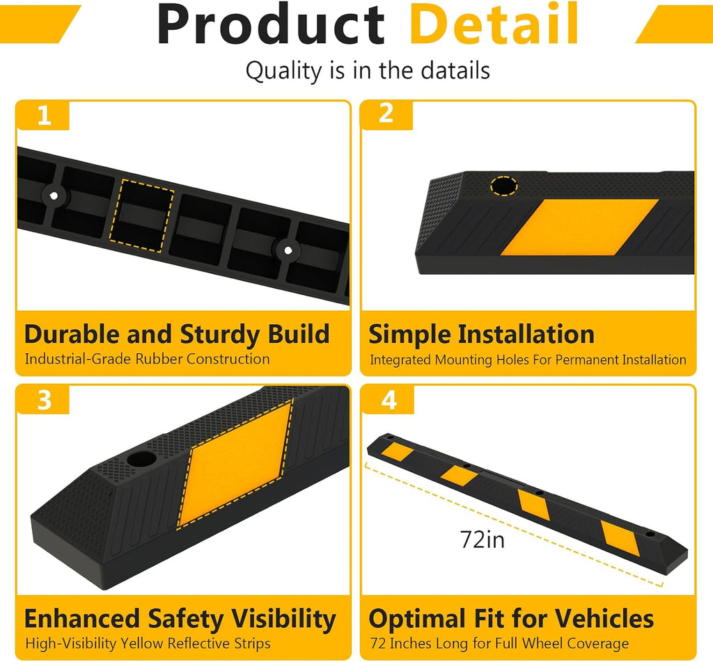 72 Inch Rubber Parking Stop，2 Pack Wheel Stop for Garage & Driveway | Commercial-Grade Parking Curb with Reflective