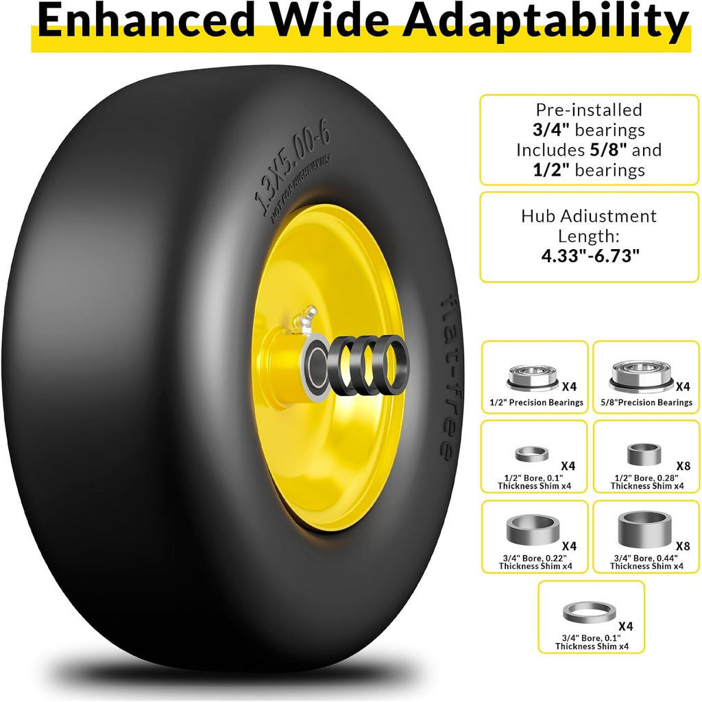 13x5.00-6 Flat Free Lawn Mower Tires and Wheel, for Zero Turn Mower | Universal 3/4", 5/8", 1/2" Bearings, 500 lbs
