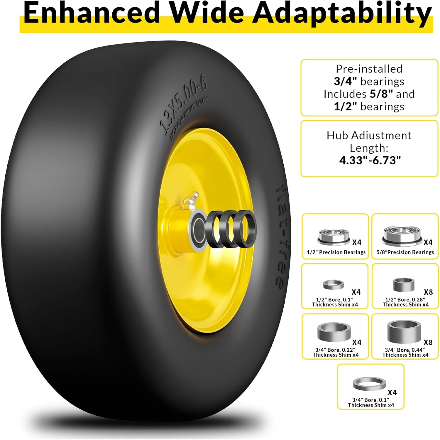13x5.00-6 Flat Free Lawn Mower Tires and Wheel, for Zero Turn Mower | Universal 3/4", 5/8", 1/2" Bearings, 500 lbs