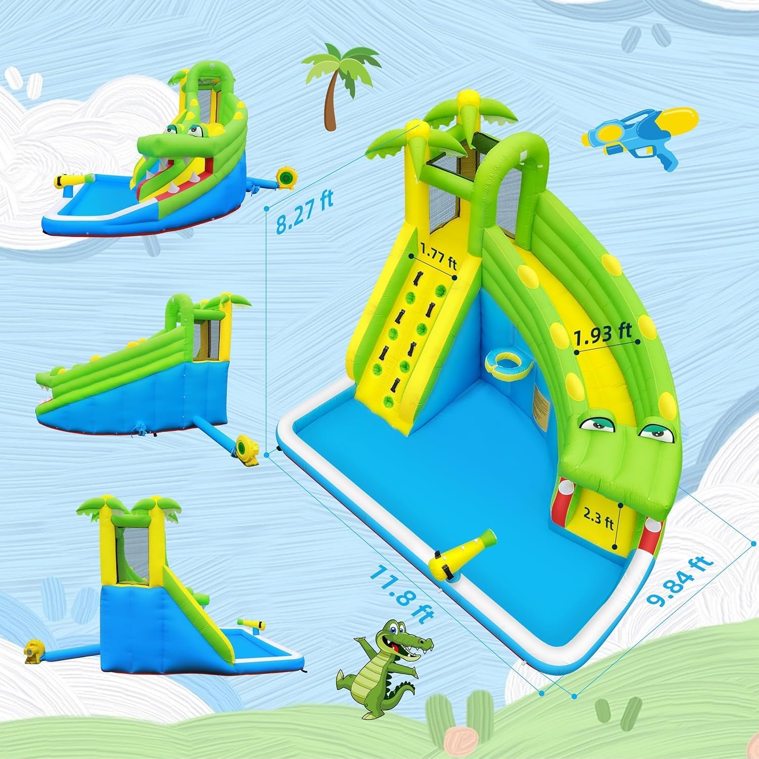 Inflatable Water Slide：5 in 1 Crocodile Bounce House Water Park for Kids - Climbing Wall Splash Pool Water Cannon
