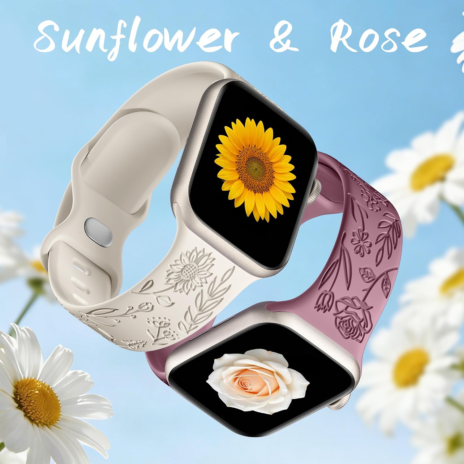6 Pack Floral Engraved Bands Compatible with Apple Watch Bands 40mm 41mm 42mm 38mm 44mm 45mm 46mm 49mm Women Men