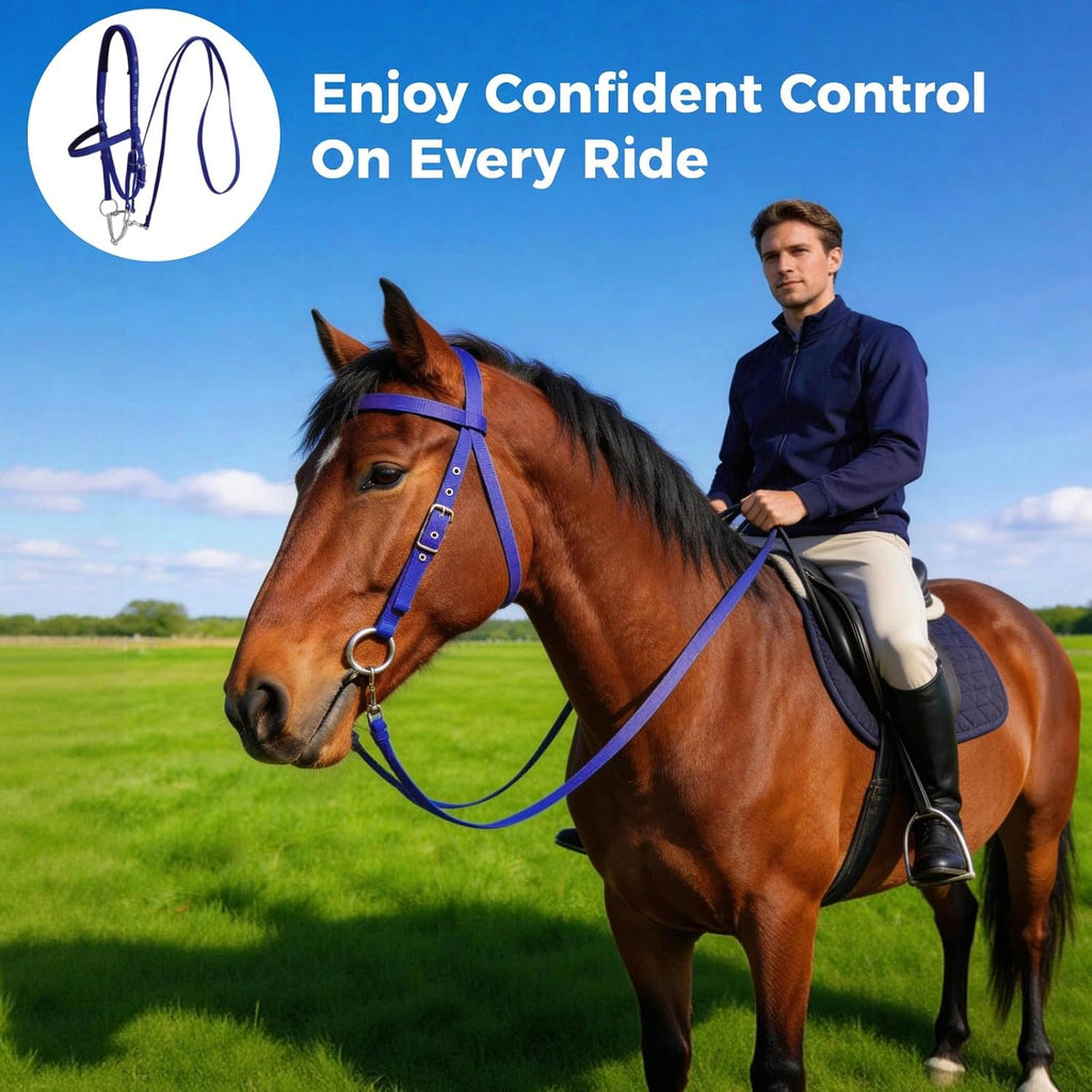 Horse Bridle with Bit, Adjustable Nylon Headstall and Reins, Padded Crown and Noseband, Quick Release Buckle, for