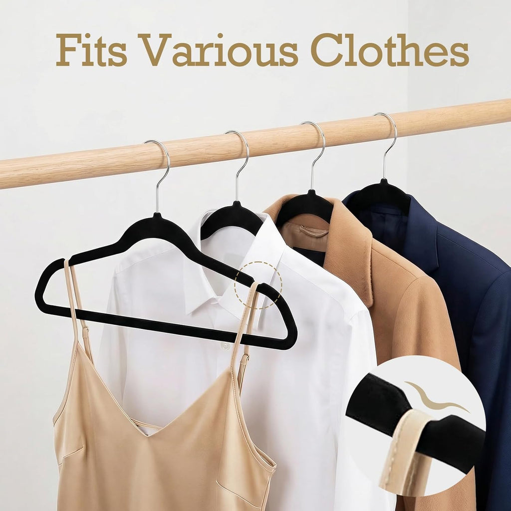 Black Velvet Hangers 60 Pack, Non Slip Clothes Felt Hanger Heavy Duty for Coat, Premium Slim Space Saving Suit