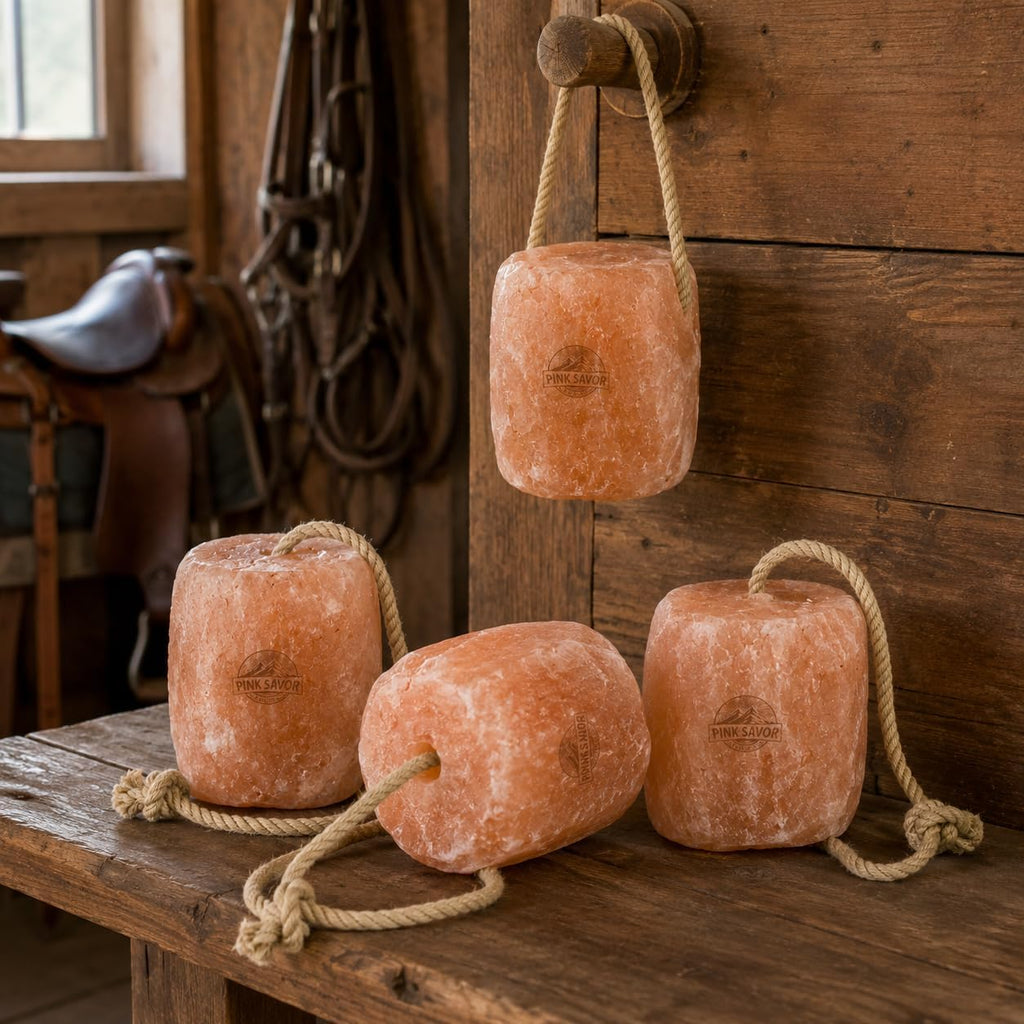 Himalayan Pink Salt Lick with Rope, 5-6 lb Each, 4 Pack for Horses & Cattle